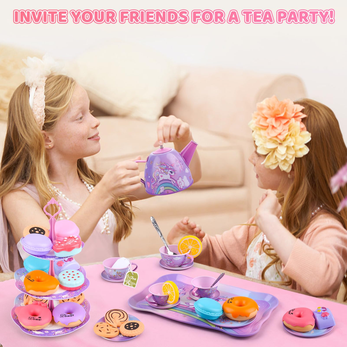 Auney Unicorn Tea Set Toys for Girls — 36pc Pretend Play Kit with Carrying Case