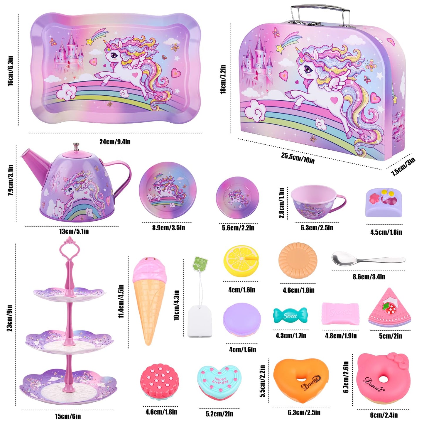 Auney Unicorn Tea Set Toys for Girls — 36pc Pretend Play Kit with Carrying Case