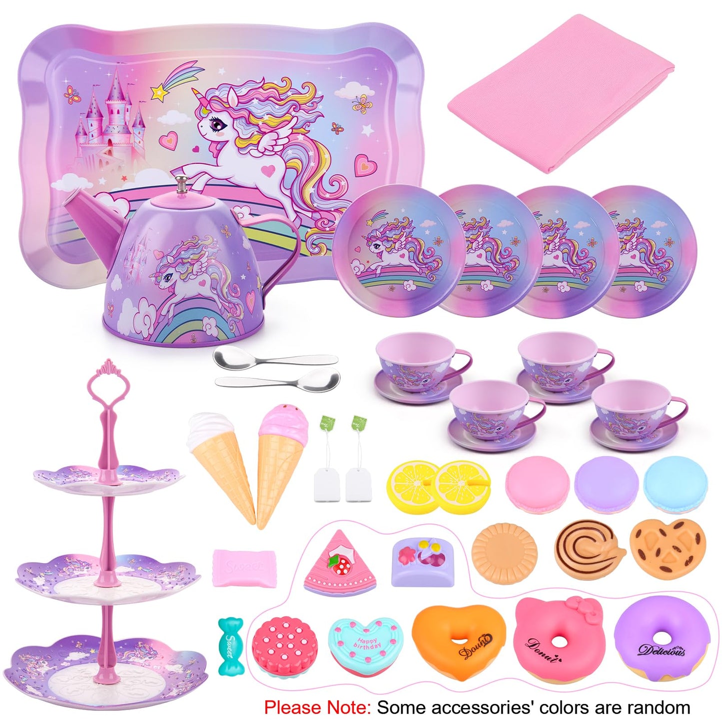 Auney Unicorn Tea Set Toys for Girls — 36pc Pretend Play Kit with Carrying Case