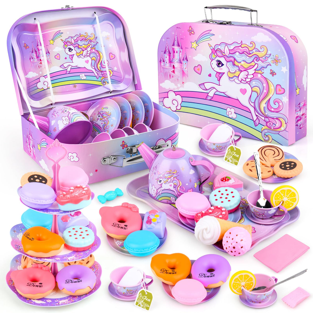 Auney Unicorn Tea Set Toys for Girls — 36pc Pretend Play Kit with Carrying Case