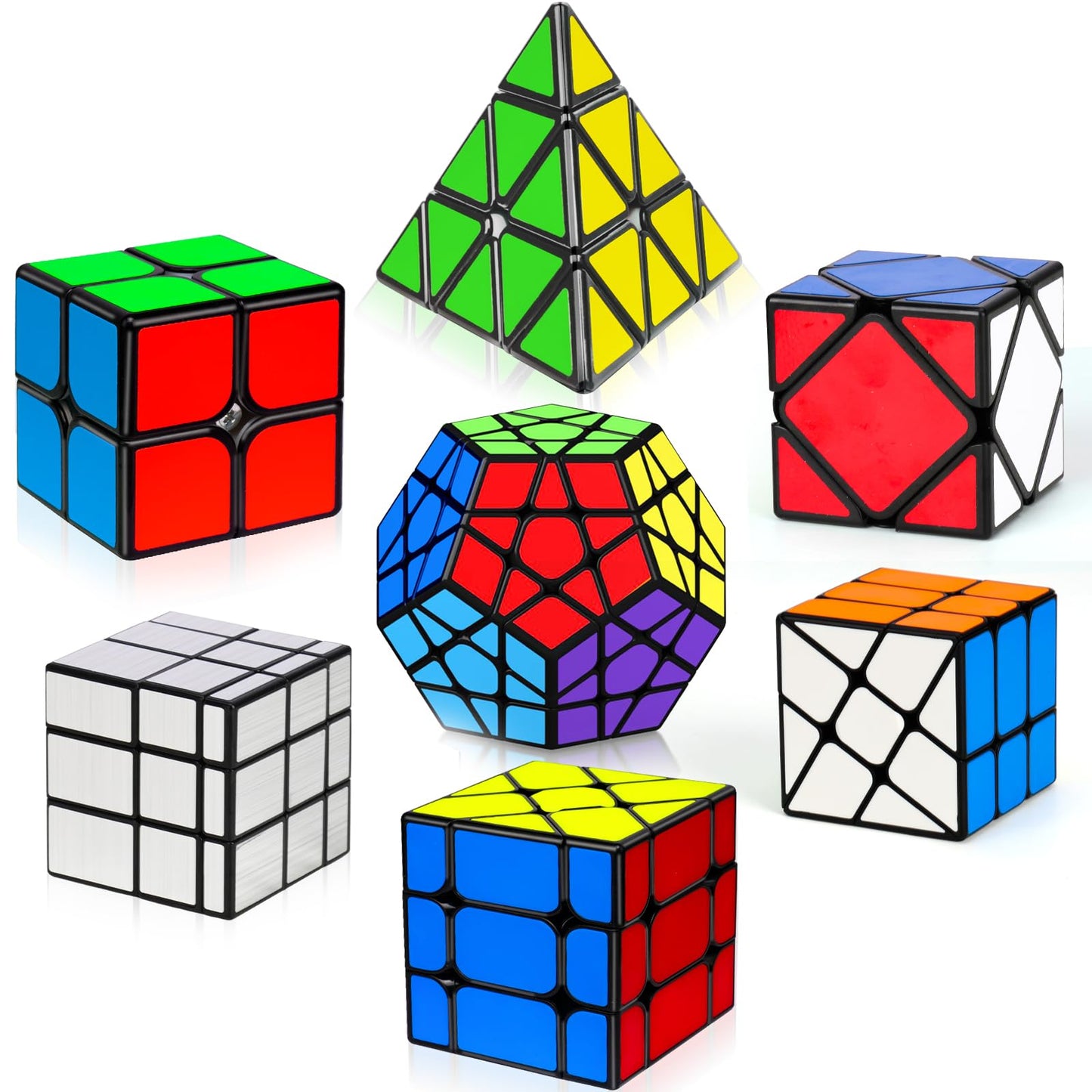 AuntyFey 7 Pack Magic Speed Cube Set — 2x2, 3x3, 4x4, Megaminx, Pyramid, Mirror Cube