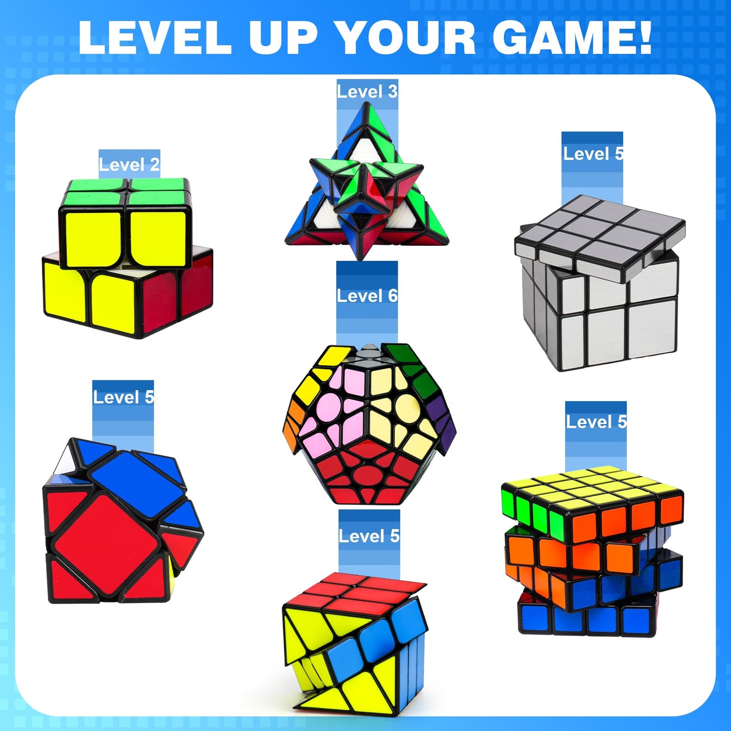 AuntyFey 7 Pack Magic Speed Cube Set — 2x2, 3x3, 4x4, Megaminx, Pyramid, Mirror Cube