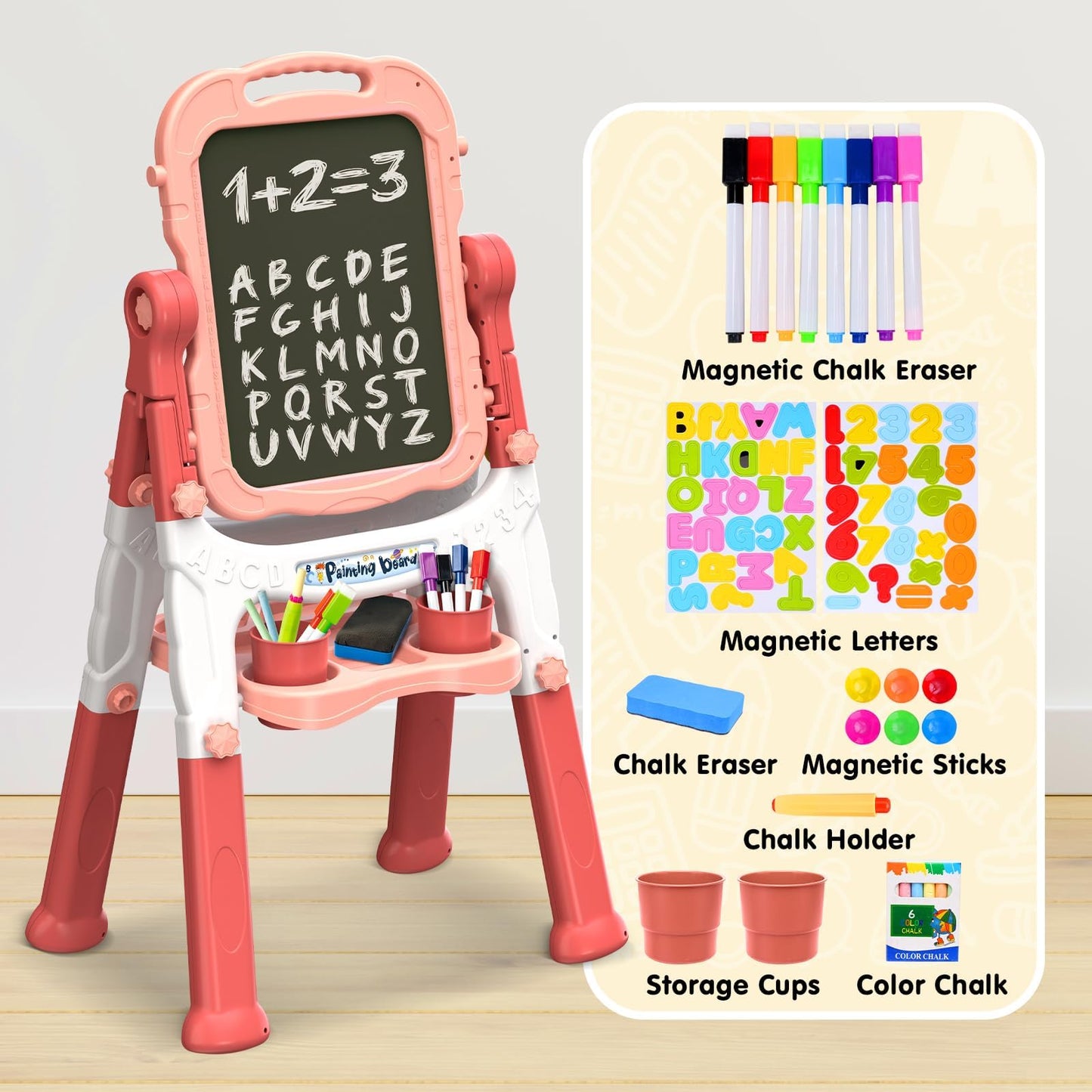 AuntyFey Double-Sided Kids Easel – Magnetic Whiteboard & Chalkboard (Ages 3–8) Pink & Purple