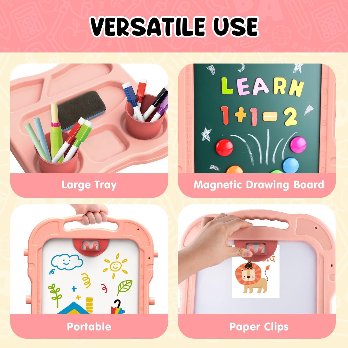 AuntyFey Double-Sided Kids Easel – Magnetic Whiteboard & Chalkboard (Ages 3–8) Pink & Purple