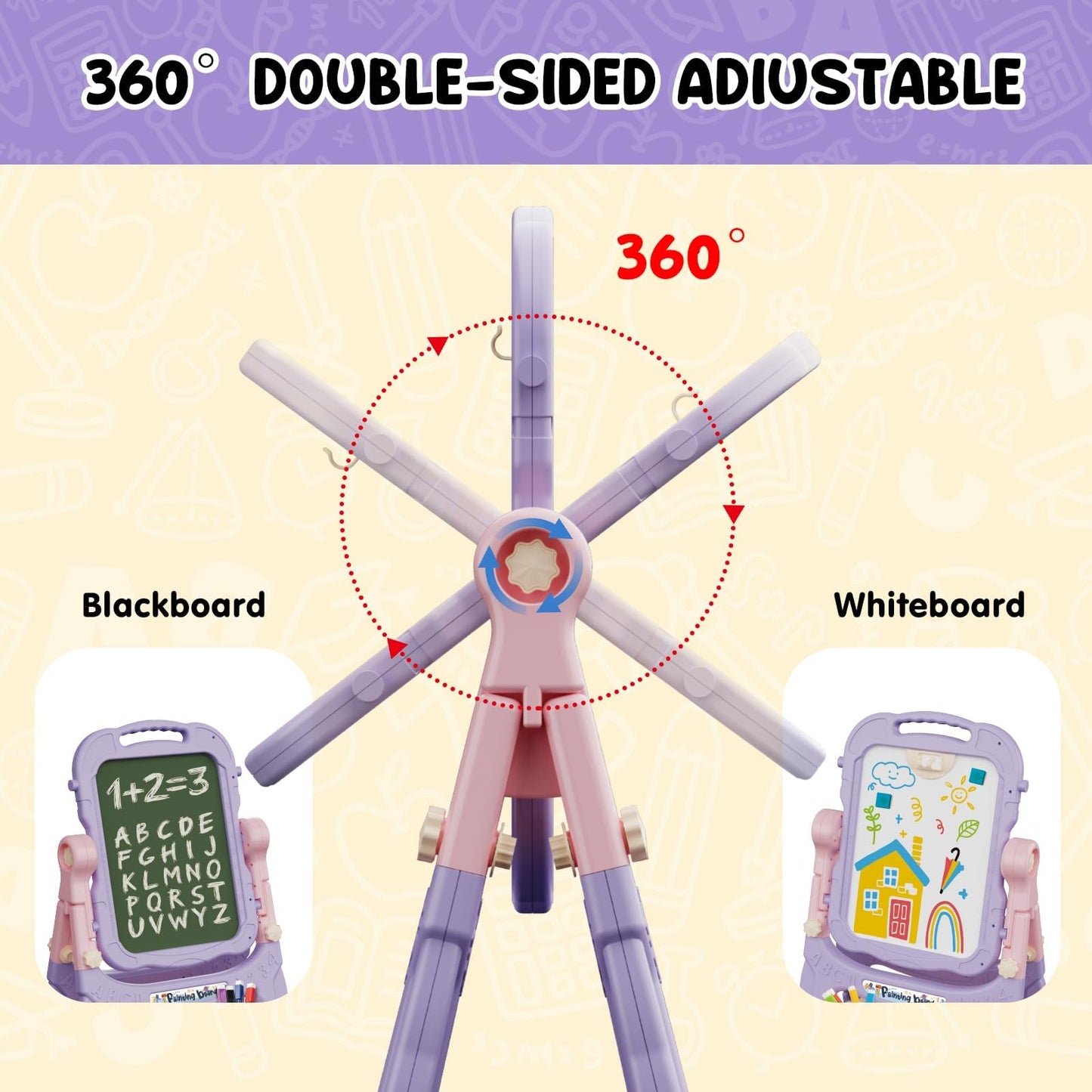 AuntyFey Easel for Kids — Double-Sided Chalkboard & Magnetic Whiteboard (Pink & Purple)