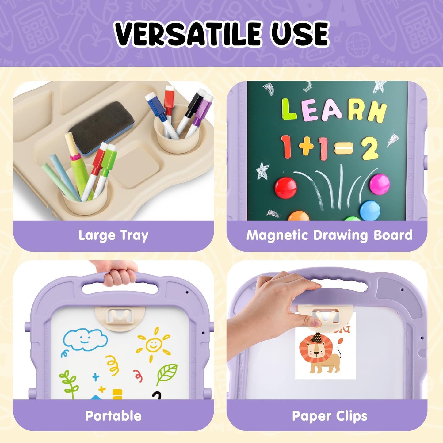 AuntyFey Easel for Kids — Double-Sided Chalkboard & Magnetic Whiteboard (Pink & Purple)