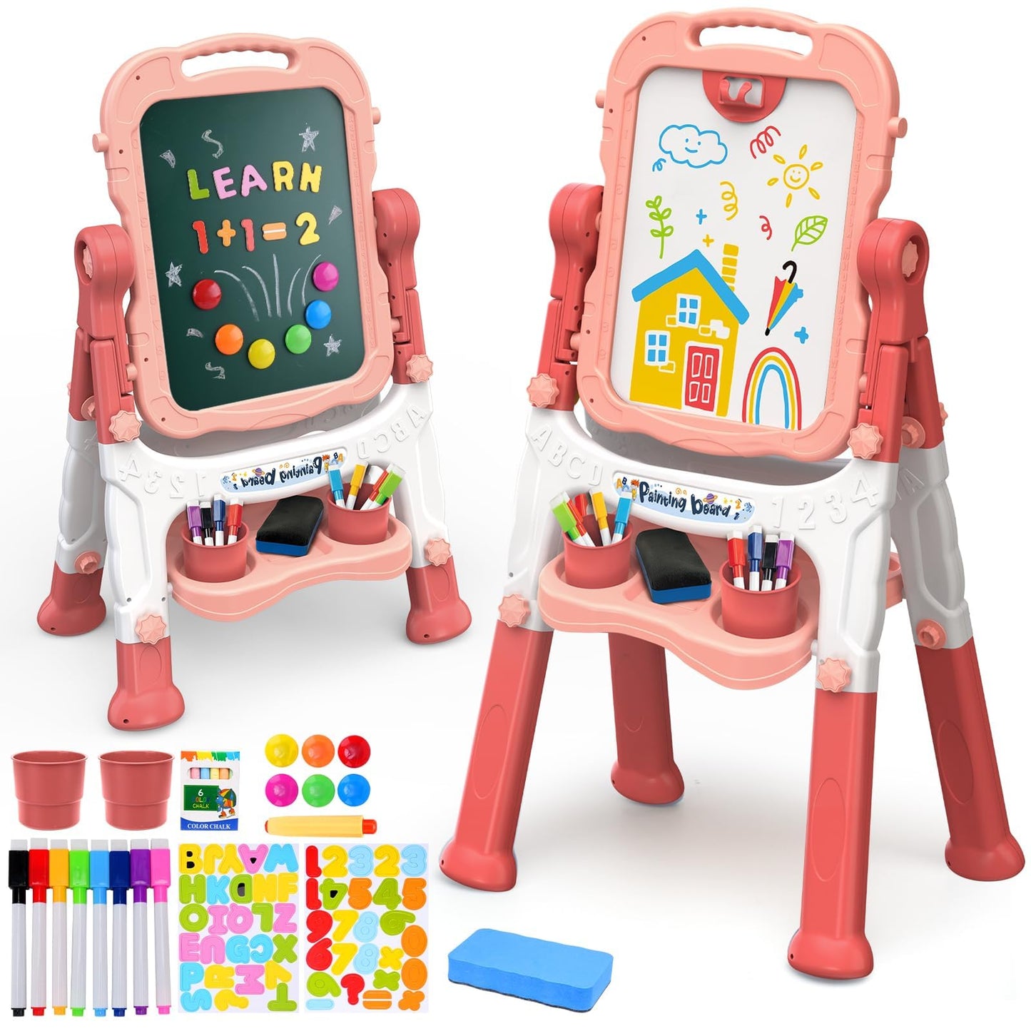 AuntyFey Double-Sided Kids Easel – Magnetic Whiteboard & Chalkboard (Ages 3–8) Pink & Purple