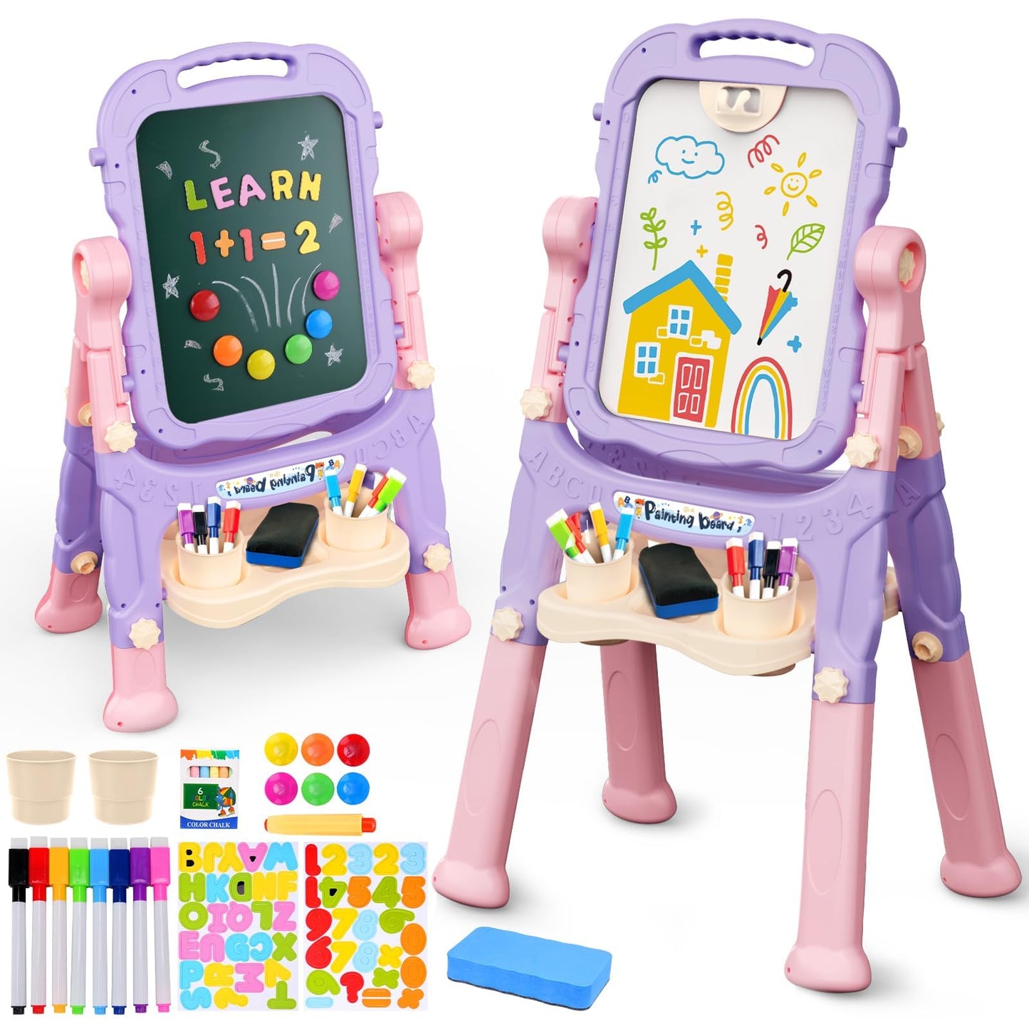 AuntyFey Easel for Kids — Double-Sided Chalkboard & Magnetic Whiteboard (Pink & Purple)