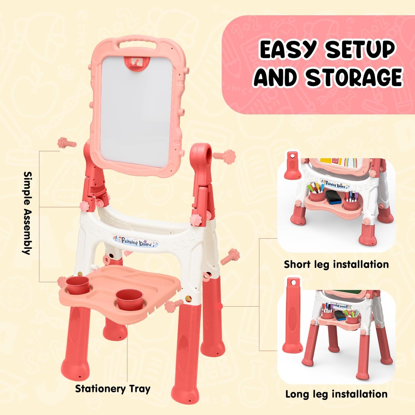 AuntyFey Double-Sided Kids Easel – Magnetic Whiteboard & Chalkboard (Ages 3–8) Pink & Purple