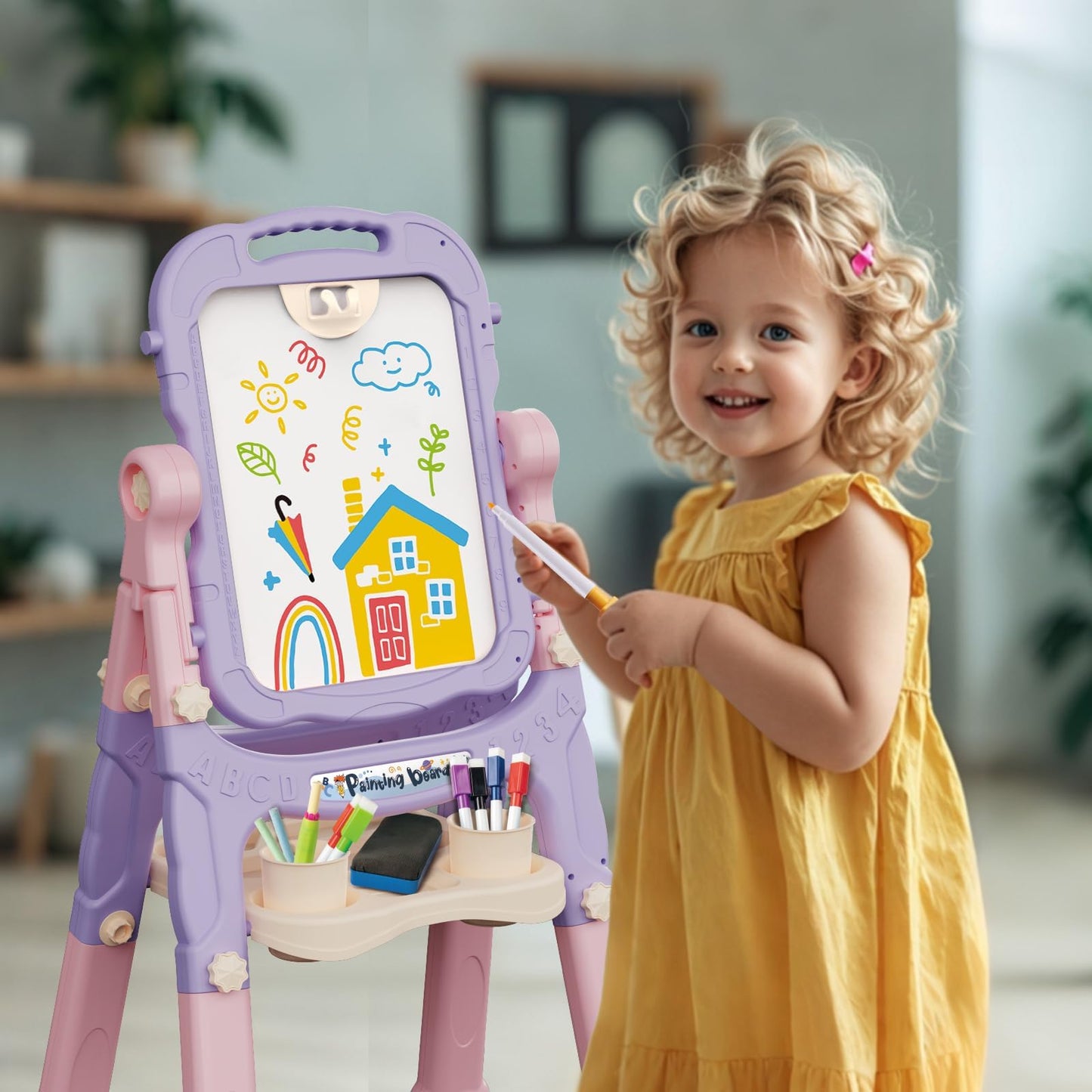 AuntyFey Easel for Kids — Double-Sided Chalkboard & Magnetic Whiteboard (Pink & Purple)