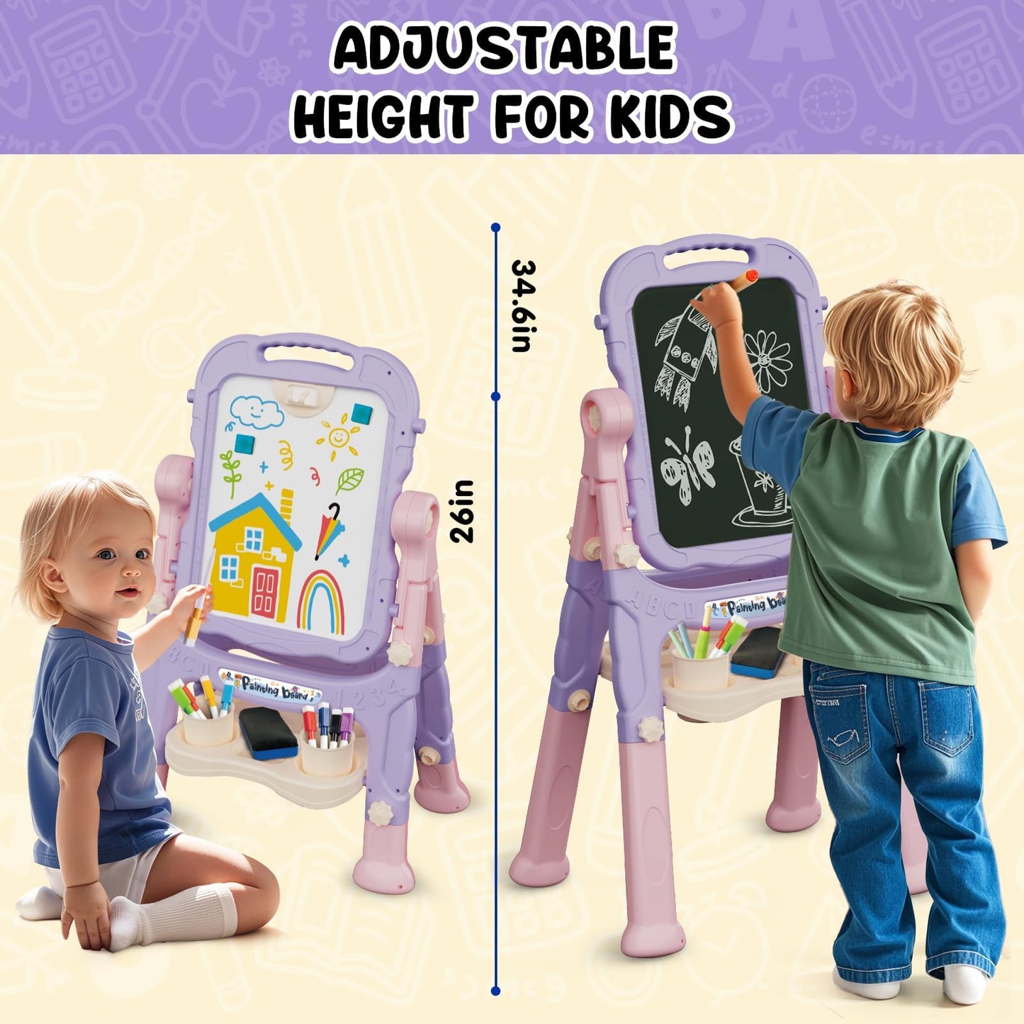 AuntyFey Easel for Kids — Double-Sided Chalkboard & Magnetic Whiteboard (Pink & Purple)