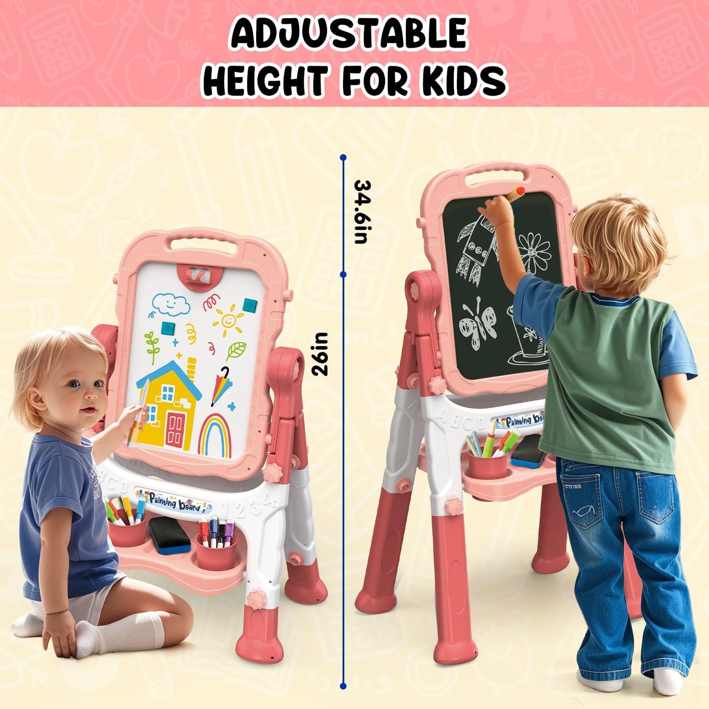 AuntyFey Double-Sided Kids Easel – Magnetic Whiteboard & Chalkboard (Ages 3–8) Pink & Purple