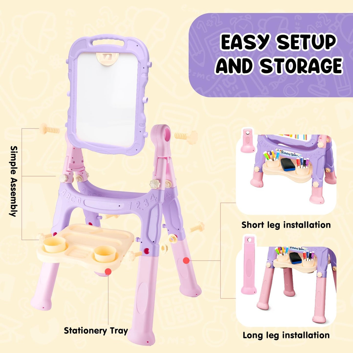 AuntyFey Easel for Kids — Double-Sided Chalkboard & Magnetic Whiteboard (Pink & Purple)