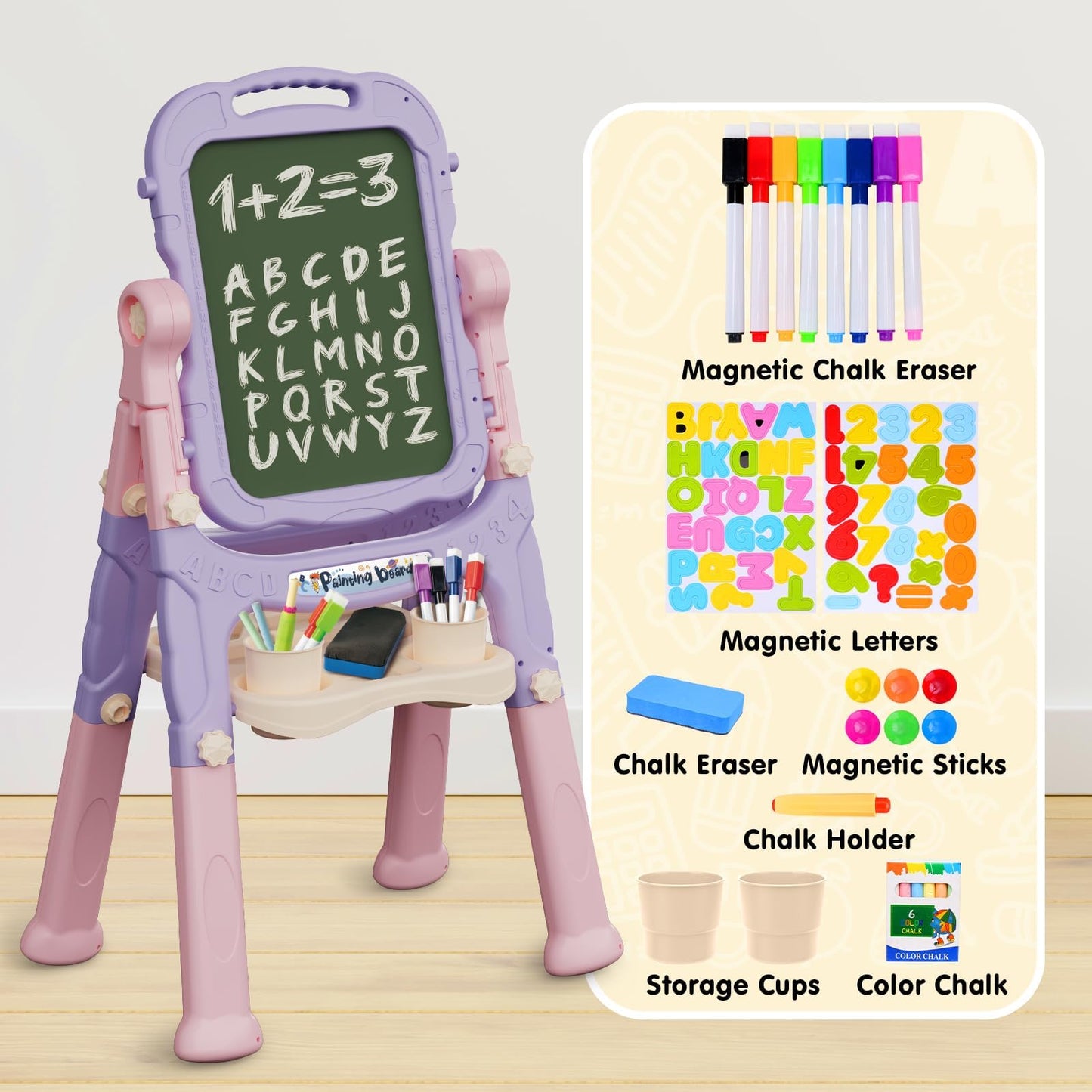 AuntyFey Easel for Kids — Double-Sided Chalkboard & Magnetic Whiteboard (Pink & Purple)