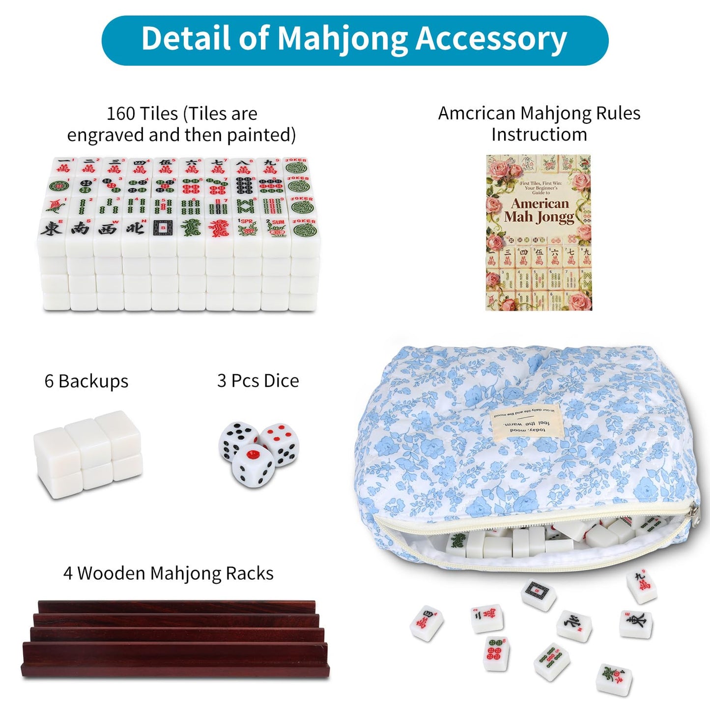 AurAlchemy Travel American Mahjong Tile Set – 166 Tiles, 0.8-inch Mini Size, Floral Bag, 4 Racks & 3 Dice