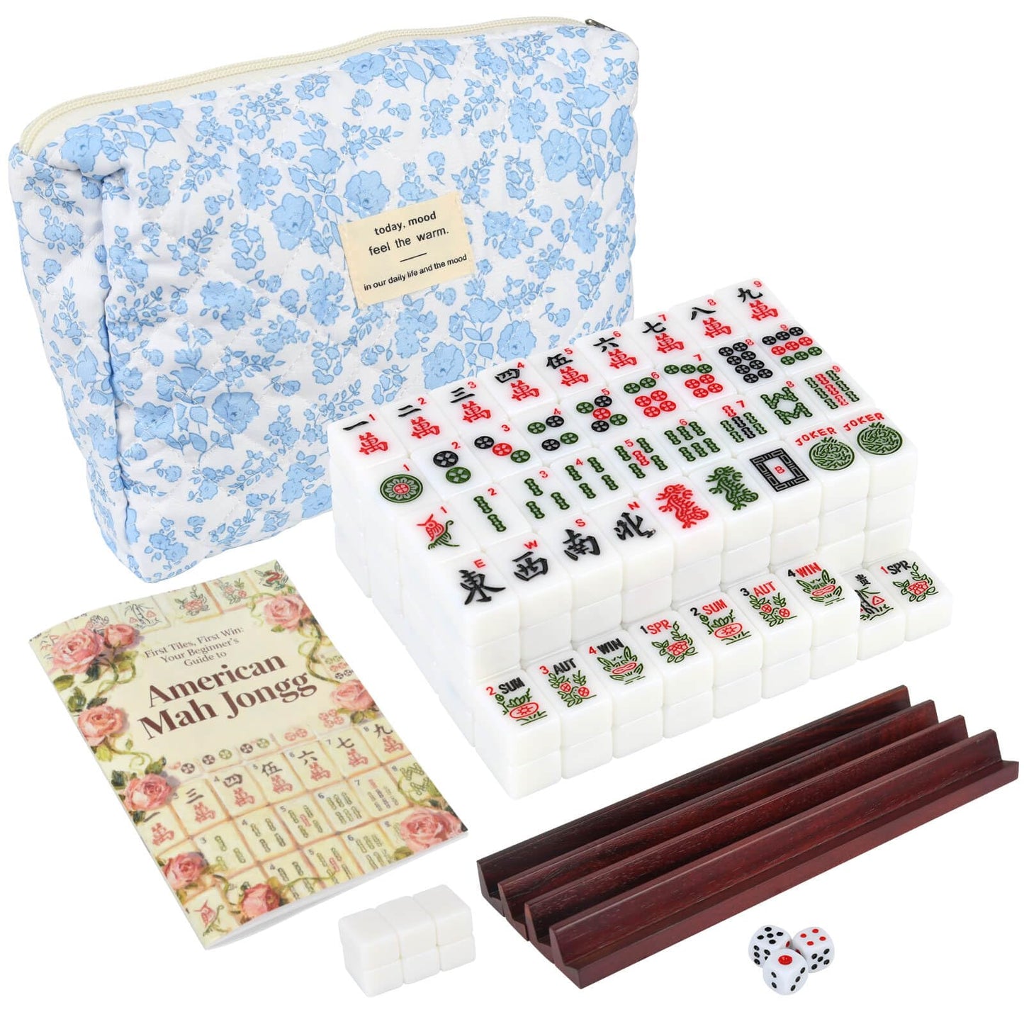 AurAlchemy Travel American Mahjong Tile Set – 166 Tiles, 0.8-inch Mini Size, Floral Bag, 4 Racks & 3 Dice