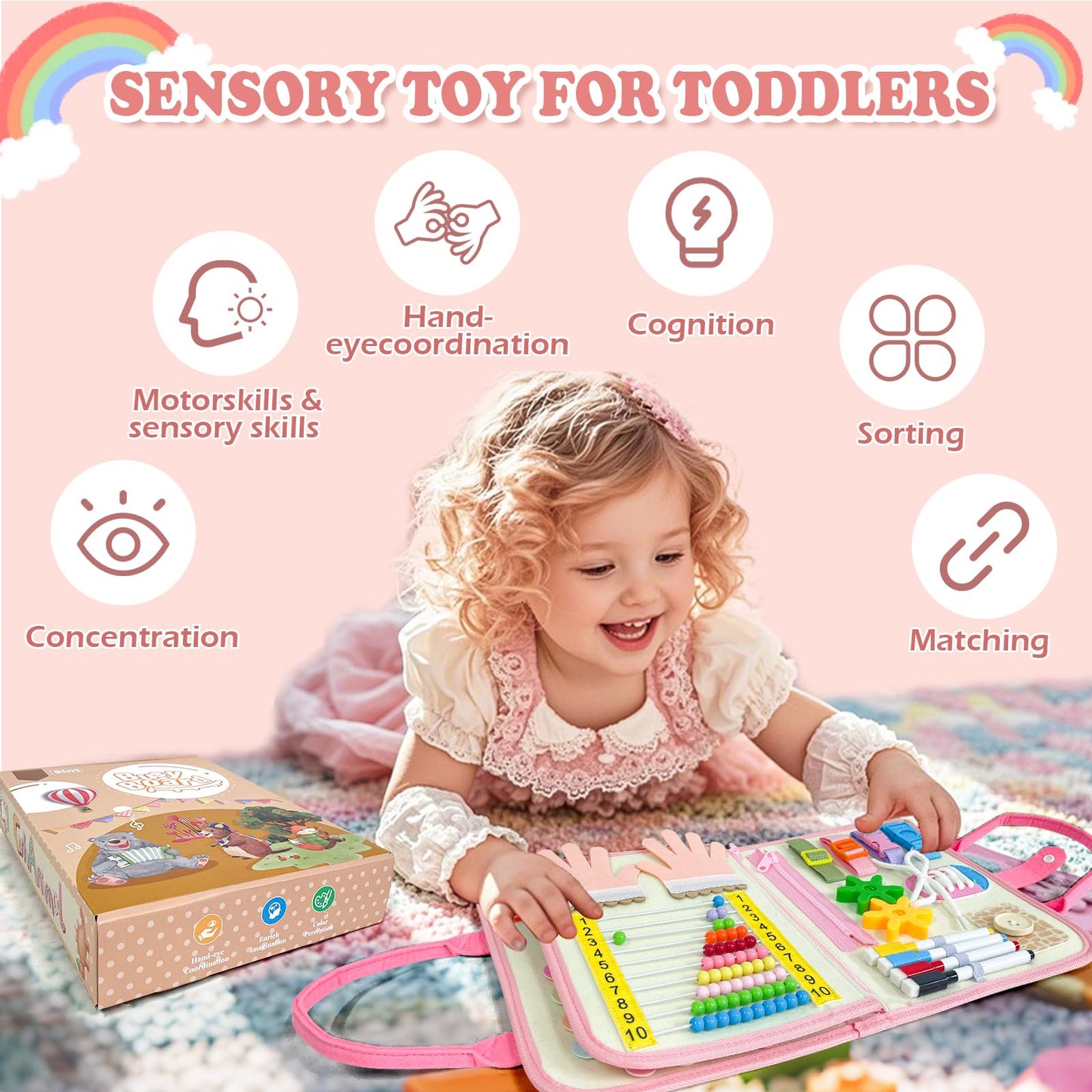 Aurasys 9-in-1 Toddler Busy Board – Montessori Learning Toy for Girls (Pink)
