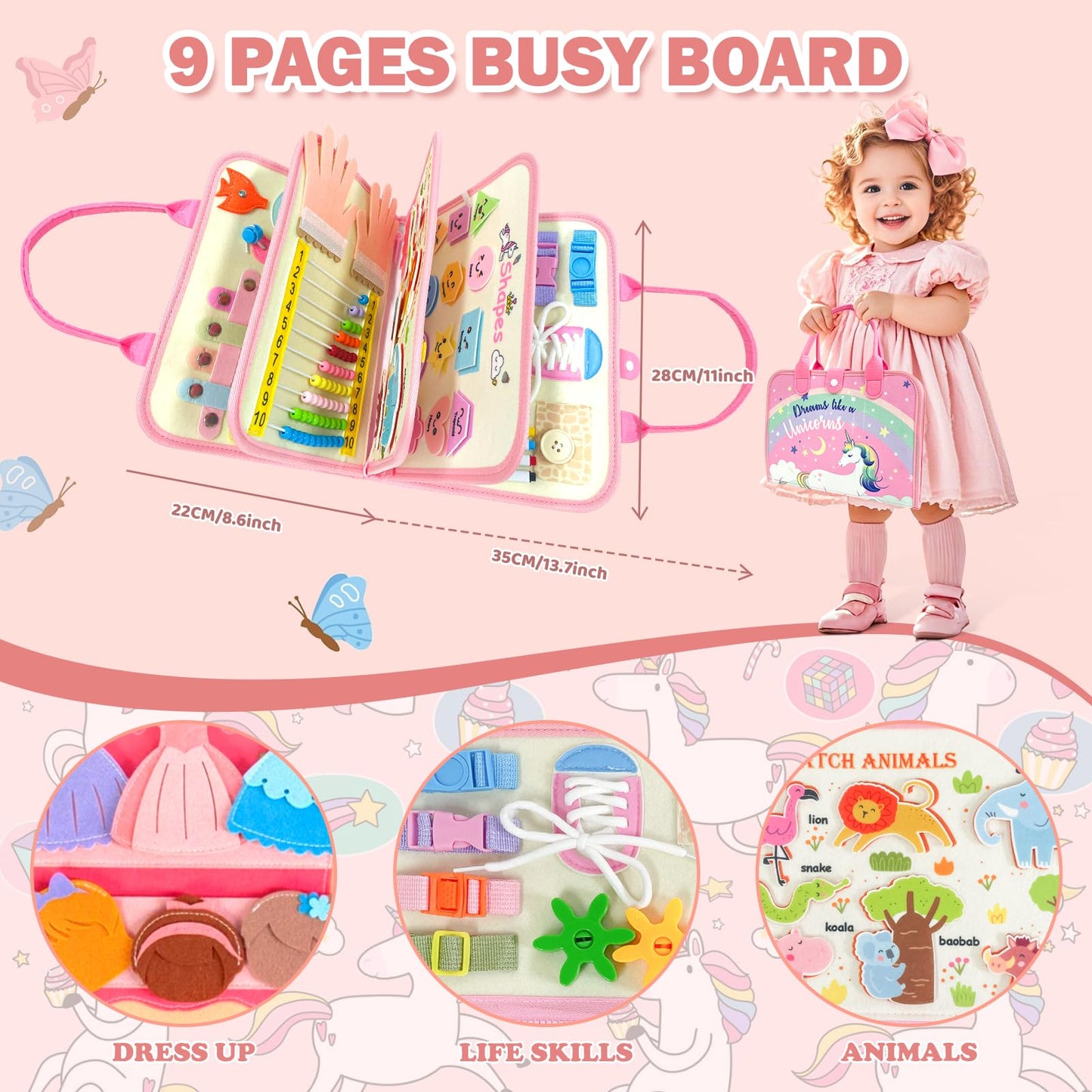 Aurasys 9-in-1 Toddler Busy Board – Montessori Learning Toy for Girls (Pink)