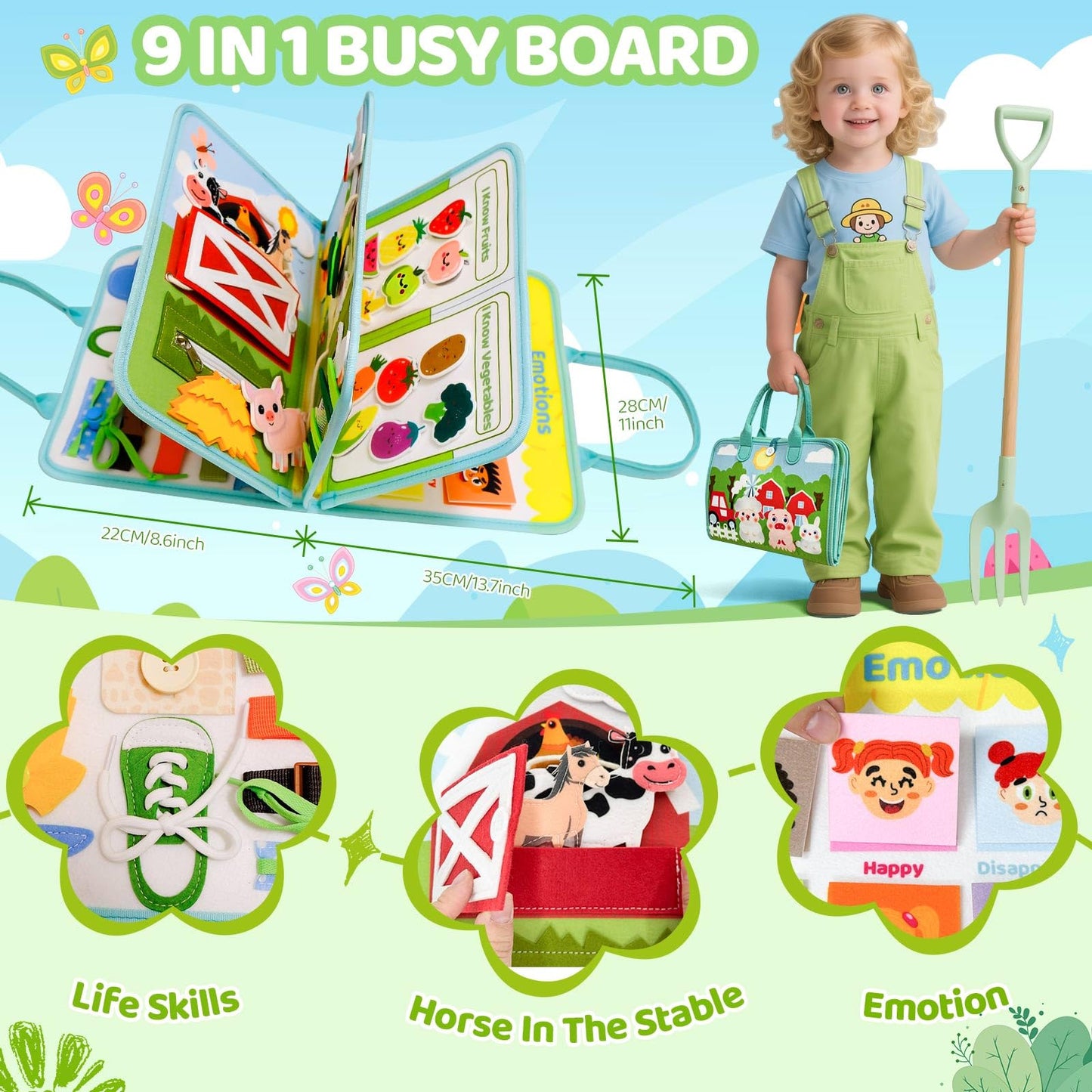Aurasys Busy Book for Toddlers – Farm Montessori Travel Busy Board Gift