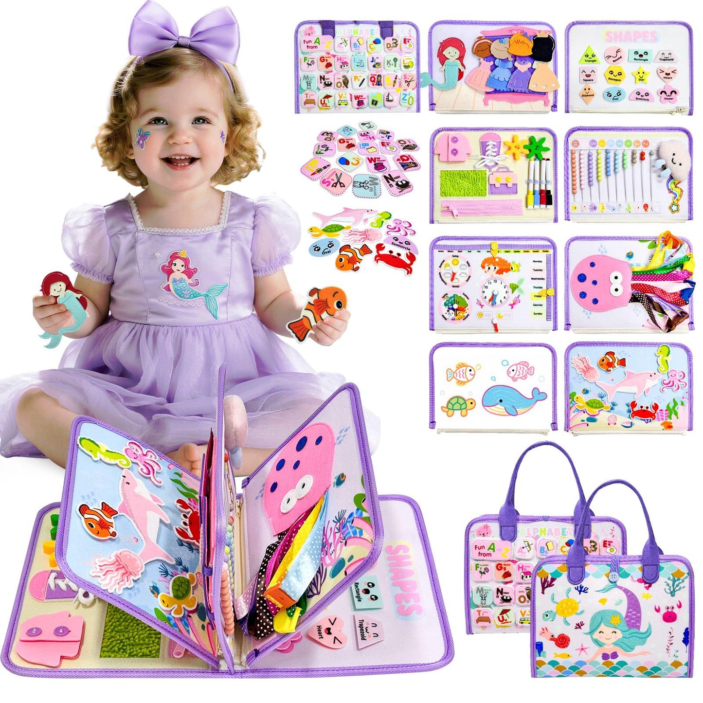 Aurasys Toddler Busy Board – 9-in-1 Mermaid Montessori Sensory Learning Toy