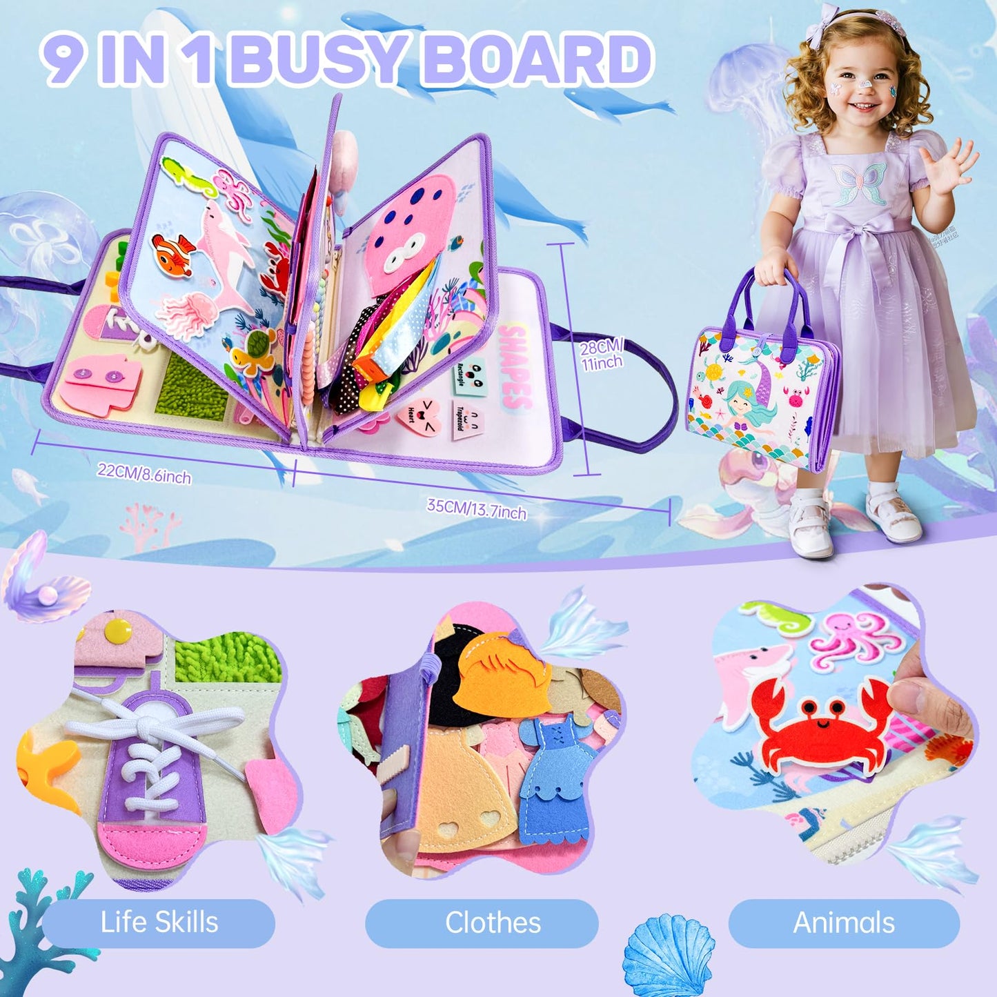 Aurasys Toddler Busy Board – 9-in-1 Mermaid Montessori Sensory Learning Toy