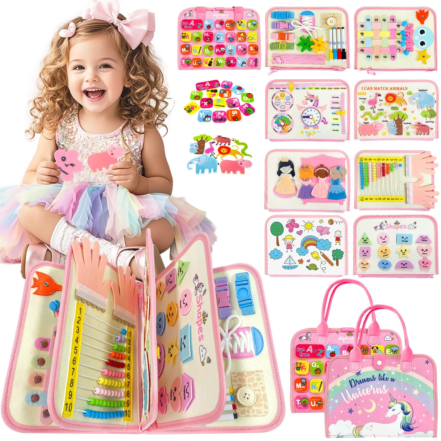 Aurasys 9-in-1 Toddler Busy Board – Montessori Learning Toy for Girls (Pink)