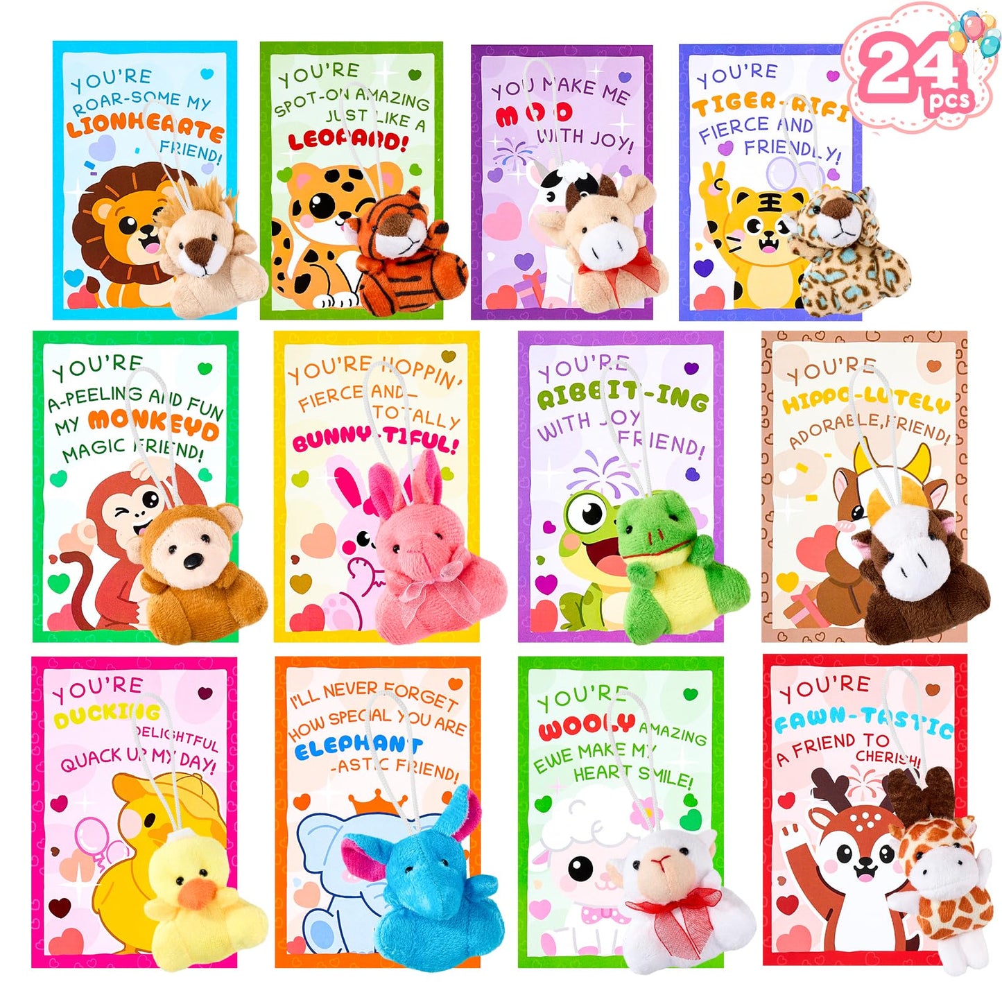 Aurdox 24-Pack Valentines Day Cards for Kids with Mini Plush Toys & Hanging Keychains – 12 Zoo Designs
