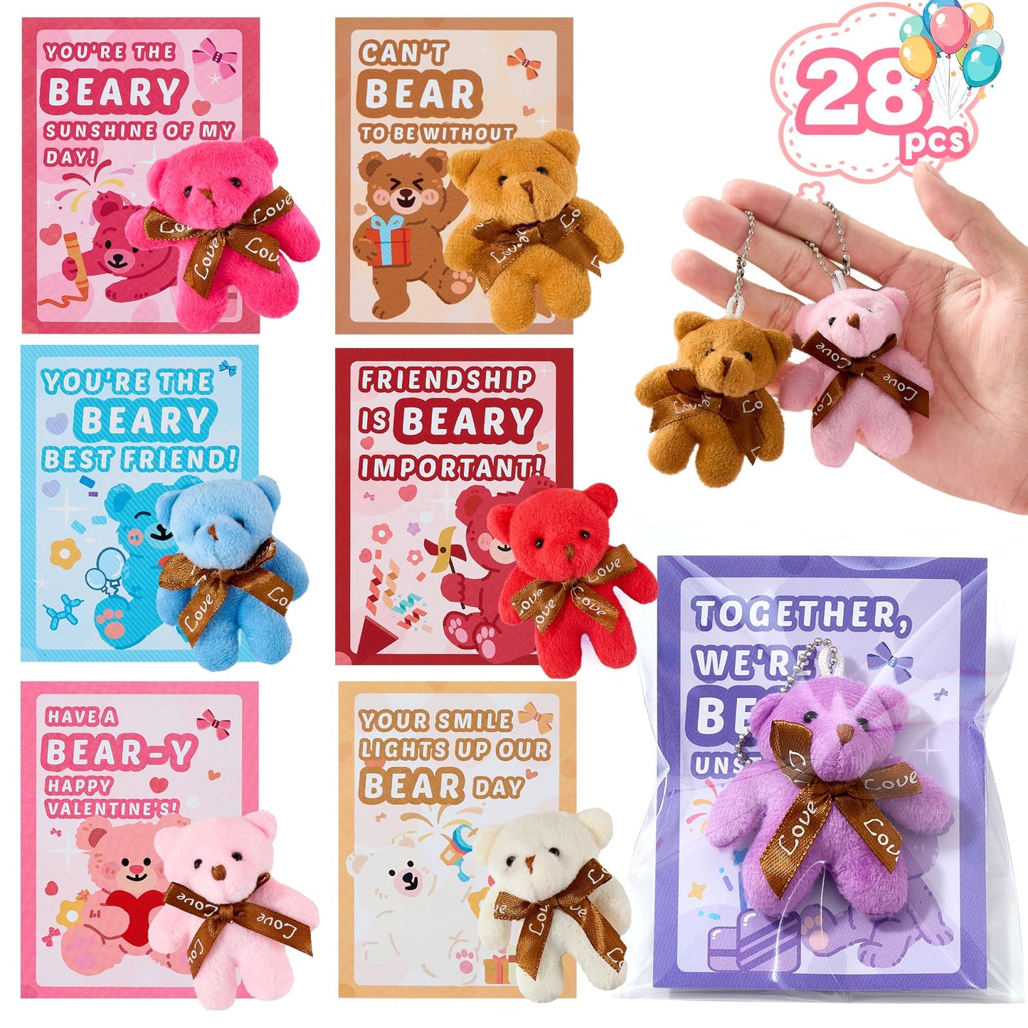 Aurdox 28-Pack Mini Plush Bears with Valentine Cards (7 Colors) – Classroom Gifts & Party Favors