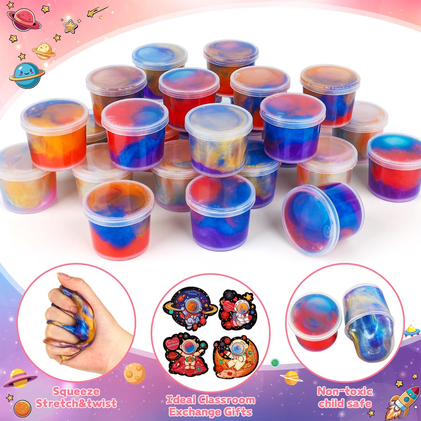 Aurdox 28-Pack Galaxy Slime Valentines Gifts for Kids Classroom — Non-Candy Cards & Prizes