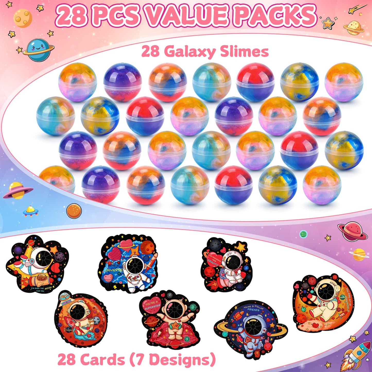 Aurdox 28-Pack Galaxy Slime Valentines Day Gifts for Kids Classroom with Cards – Non-Candy