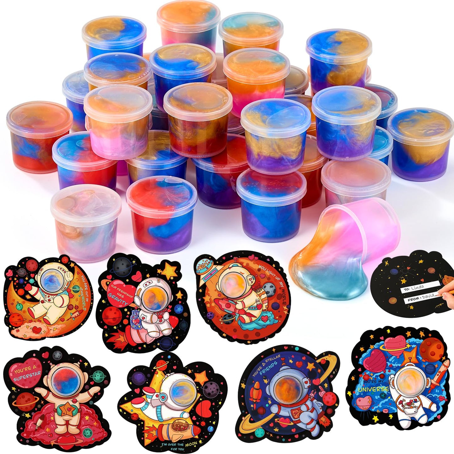 Aurdox 28-Pack Galaxy Slime Valentines Gifts for Kids Classroom — Non-Candy Cards & Prizes
