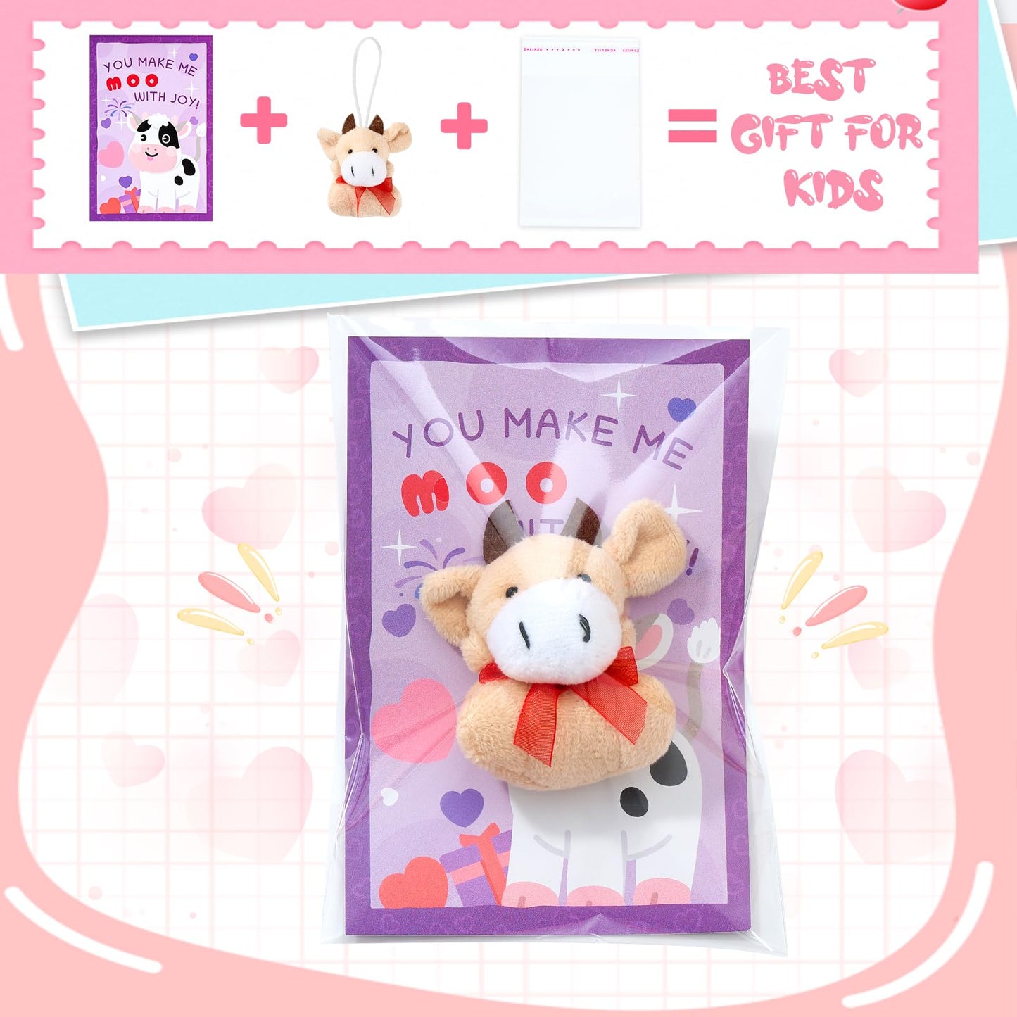 Aurdox 24-Pack Valentines Day Cards for Kids with Mini Plush Toys & Hanging Keychains – 12 Zoo Designs