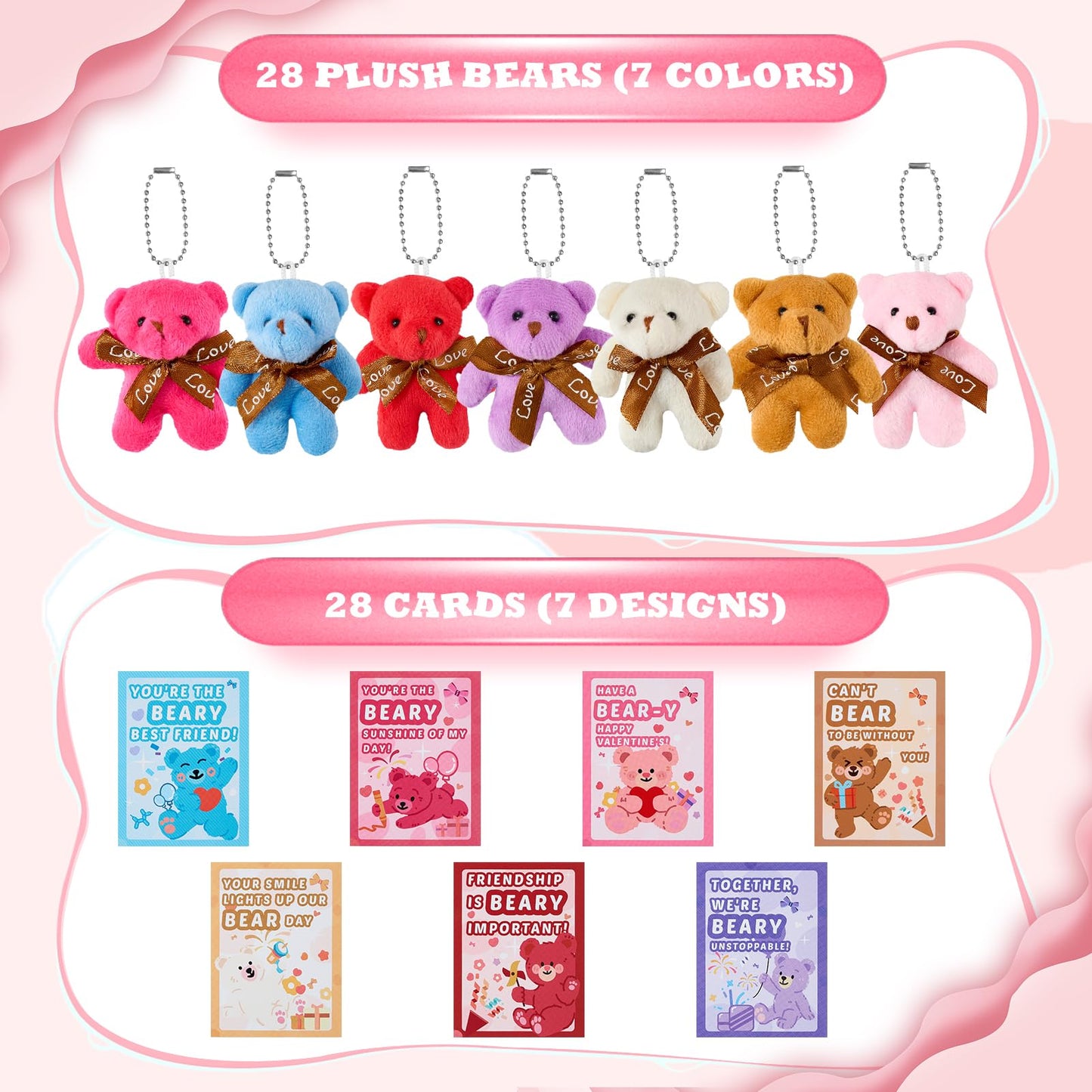 Aurdox 28-Pack Mini Plush Bears with Valentine Cards (7 Colors) – Classroom Gifts & Party Favors