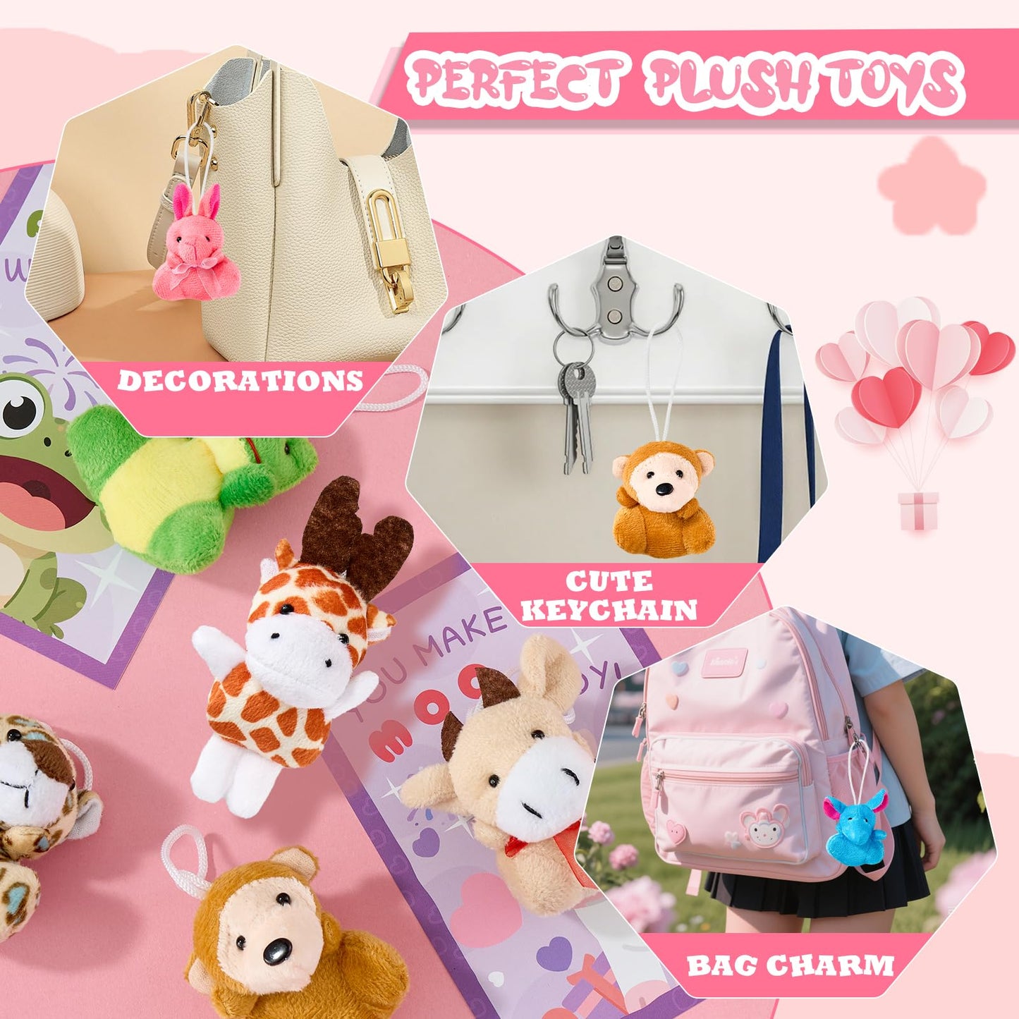 Aurdox 24-Pack Valentines Day Cards for Kids with Mini Plush Toys & Hanging Keychains – 12 Zoo Designs