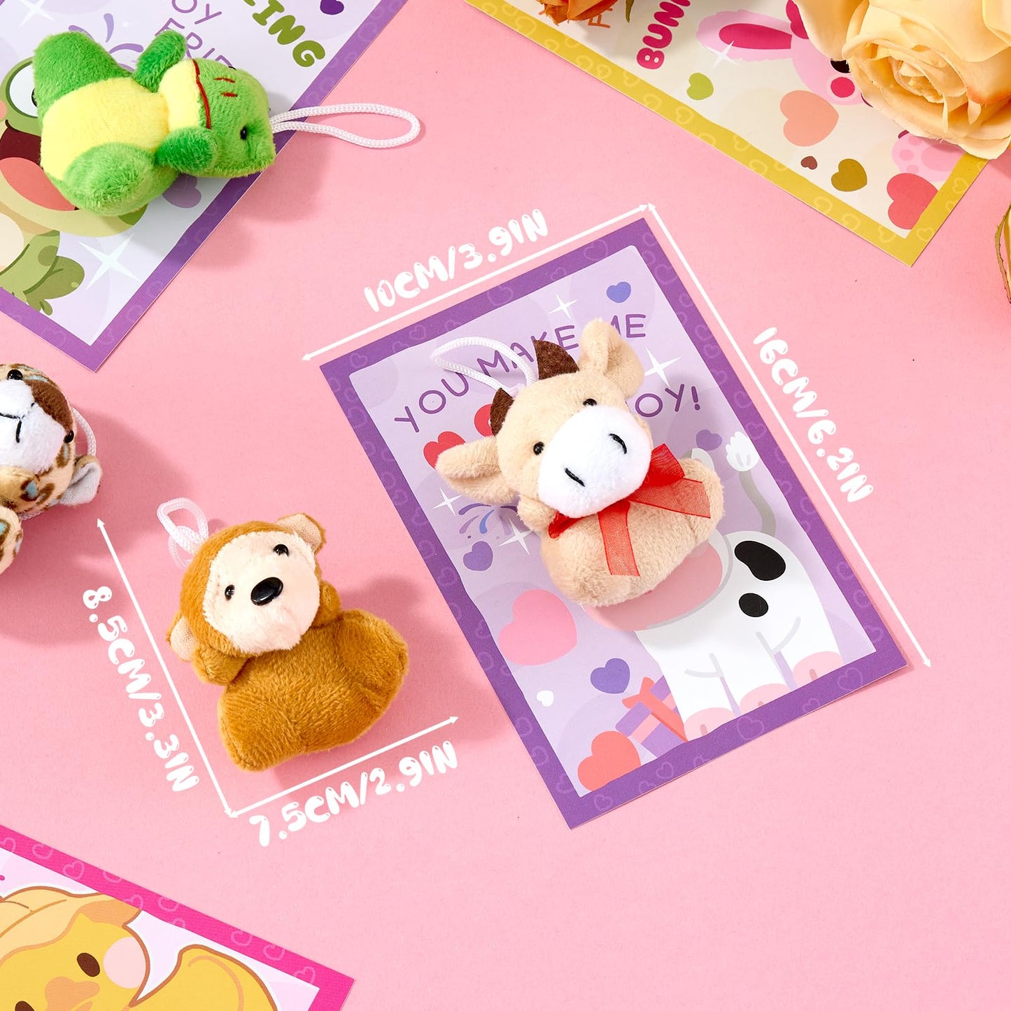 Aurdox 24-Pack Valentines Day Cards for Kids with Mini Plush Toys & Hanging Keychains – 12 Zoo Designs