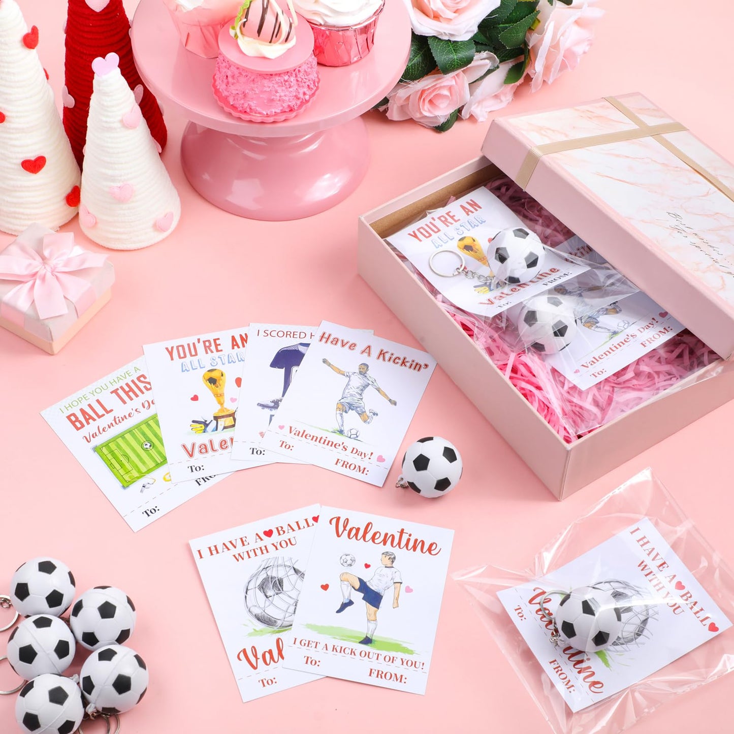 Aurelema 36-Pack Valentines Soccer Cards with Foam Stress Ball Keychains – Classroom Gift Set