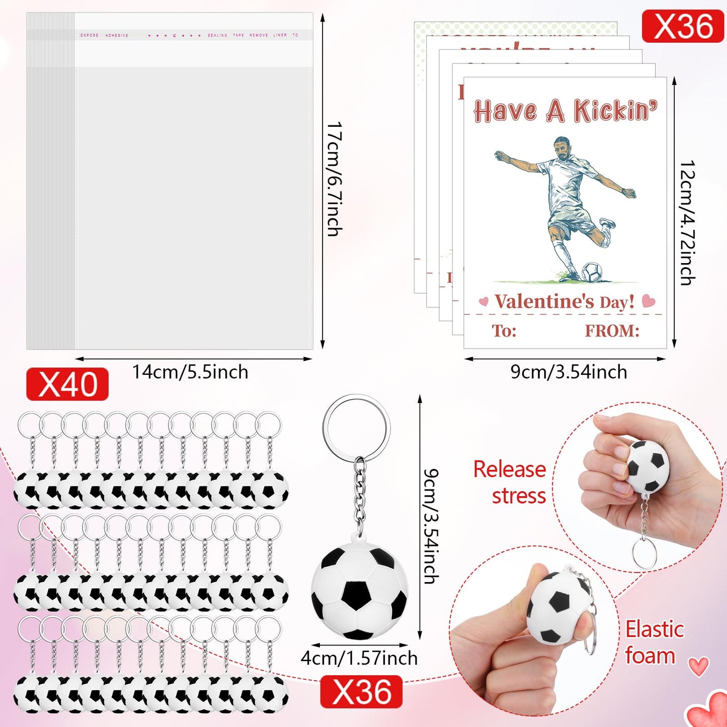 Aurelema 36-Pack Valentines Soccer Cards with Foam Stress Ball Keychains – Classroom Gift Set