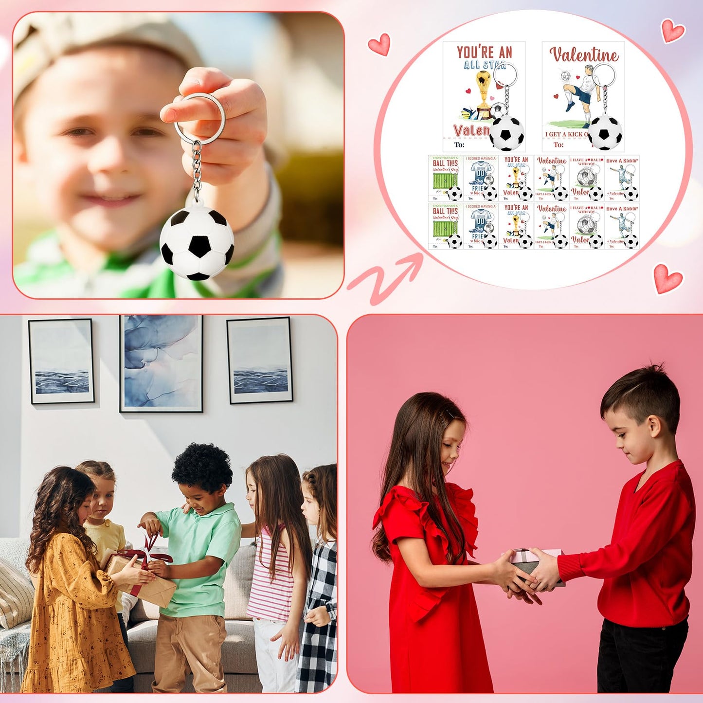 Aurelema 36-Pack Valentines Soccer Cards with Foam Stress Ball Keychains – Classroom Gift Set
