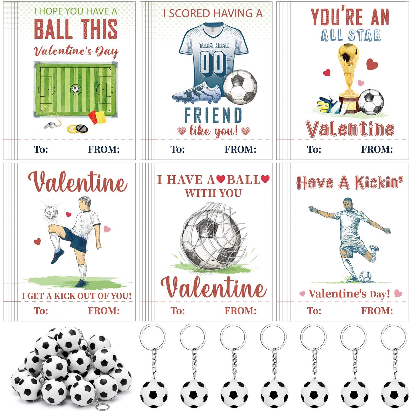 Aurelema 36-Pack Valentines Soccer Cards with Foam Stress Ball Keychains – Classroom Gift Set