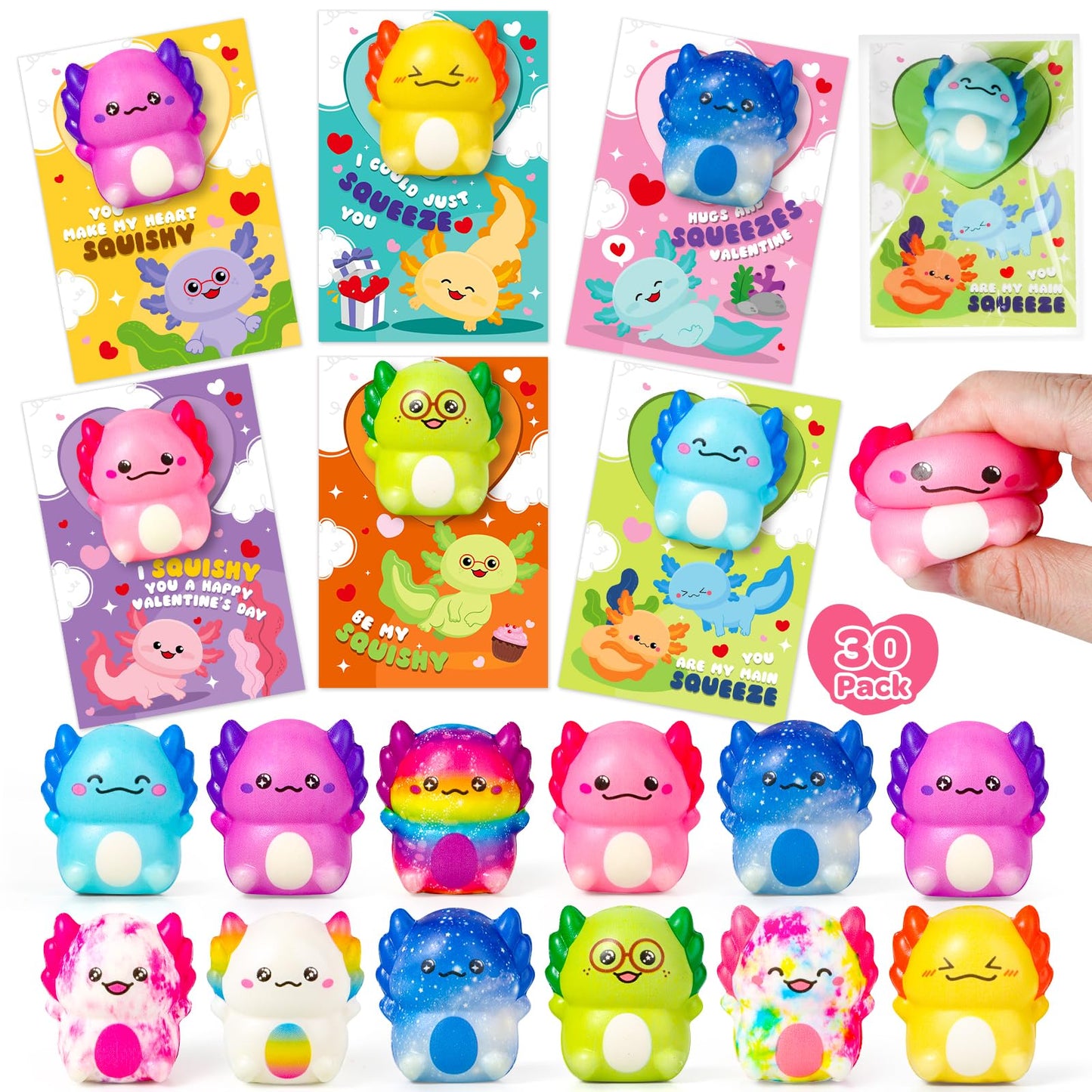 AuroTops Valentines Day Cards for Kids - 30 Axolotl Slow-Rise Squeeze Toys & Cards Set