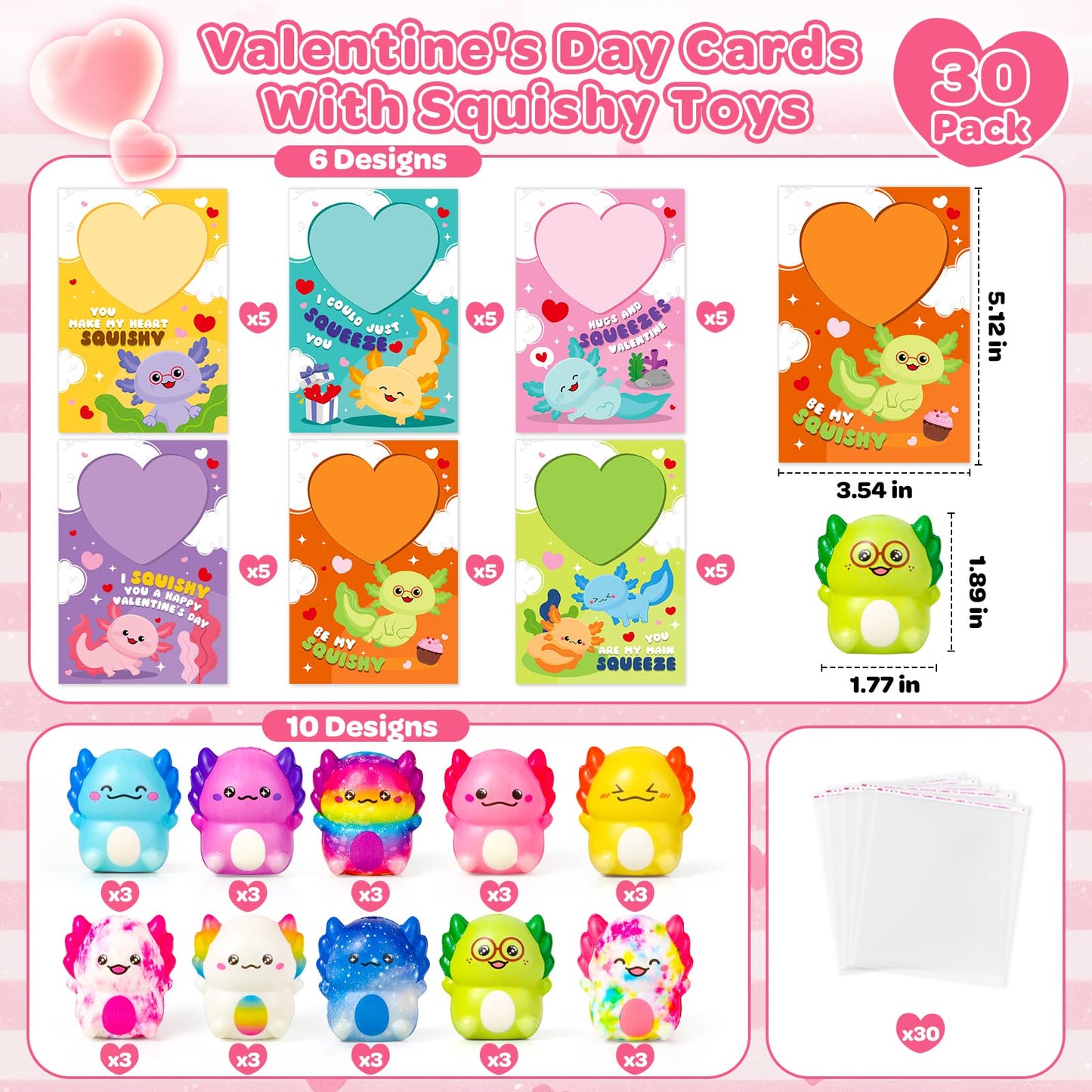 AuroTops Valentines Day Cards for Kids - 30 Axolotl Slow-Rise Squeeze Toys & Cards Set