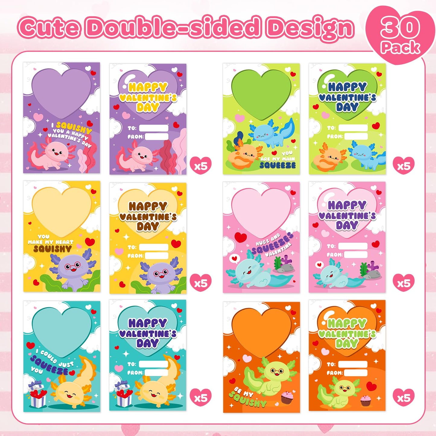 AuroTops Valentines Day Cards for Kids - 30 Axolotl Slow-Rise Squeeze Toys & Cards Set