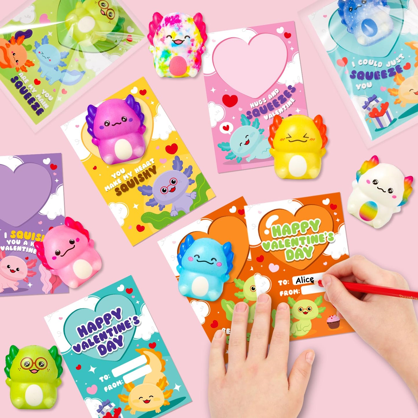 AuroTops Valentines Day Cards for Kids - 30 Axolotl Slow-Rise Squeeze Toys & Cards Set