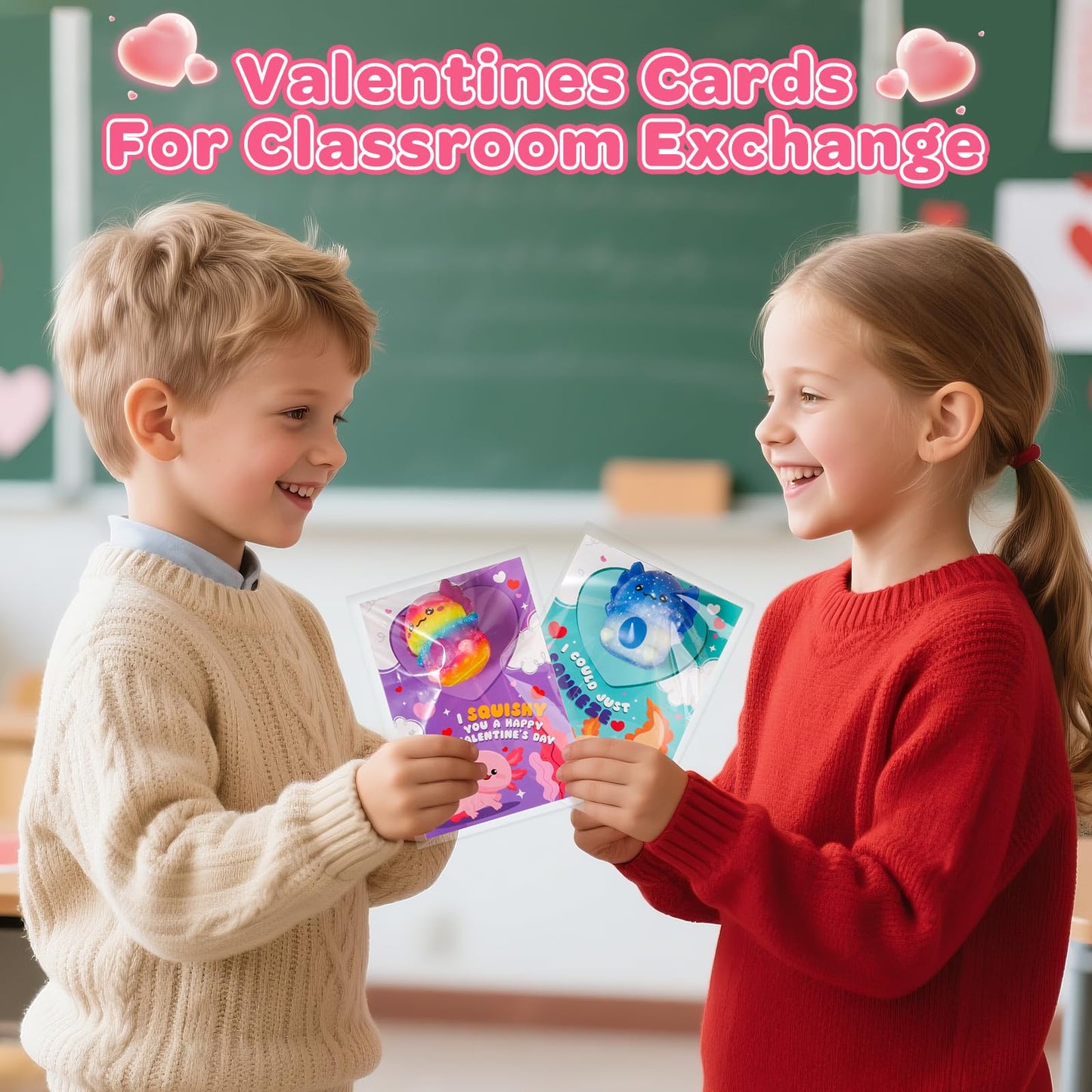 AuroTops Valentines Day Cards for Kids - 30 Axolotl Slow-Rise Squeeze Toys & Cards Set
