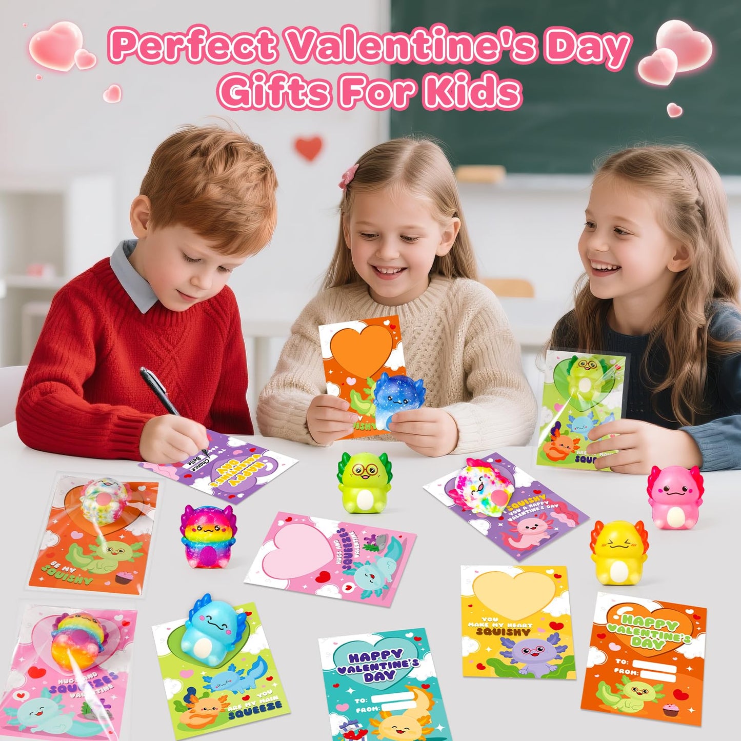 AuroTops Valentines Day Cards for Kids - 30 Axolotl Slow-Rise Squeeze Toys & Cards Set