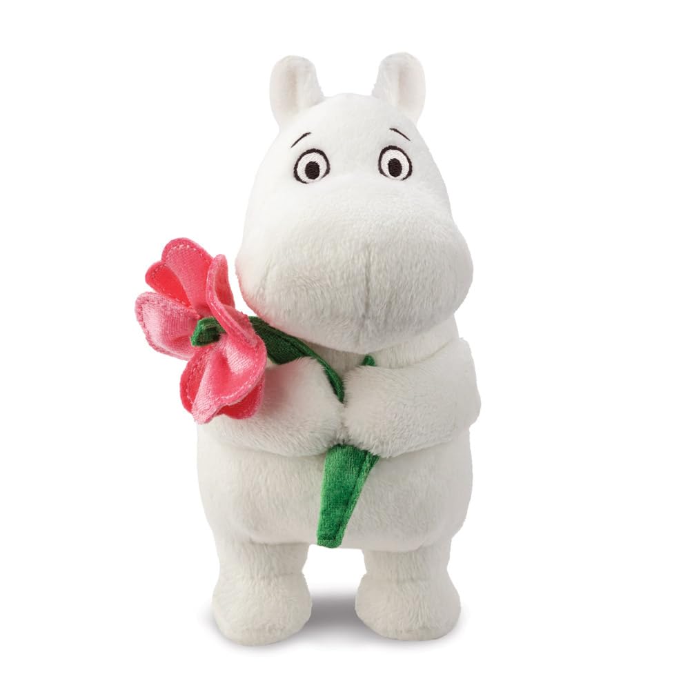 Aurora Moomin Standing with Pink Flower Plush – 17 cm, Soft Toy, Official Licensed Merchandise