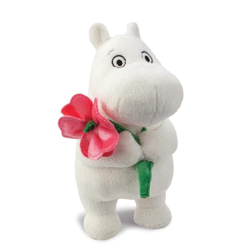 Aurora Moomin Standing with Pink Flower Plush – 17 cm, Soft Toy, Official Licensed Merchandise