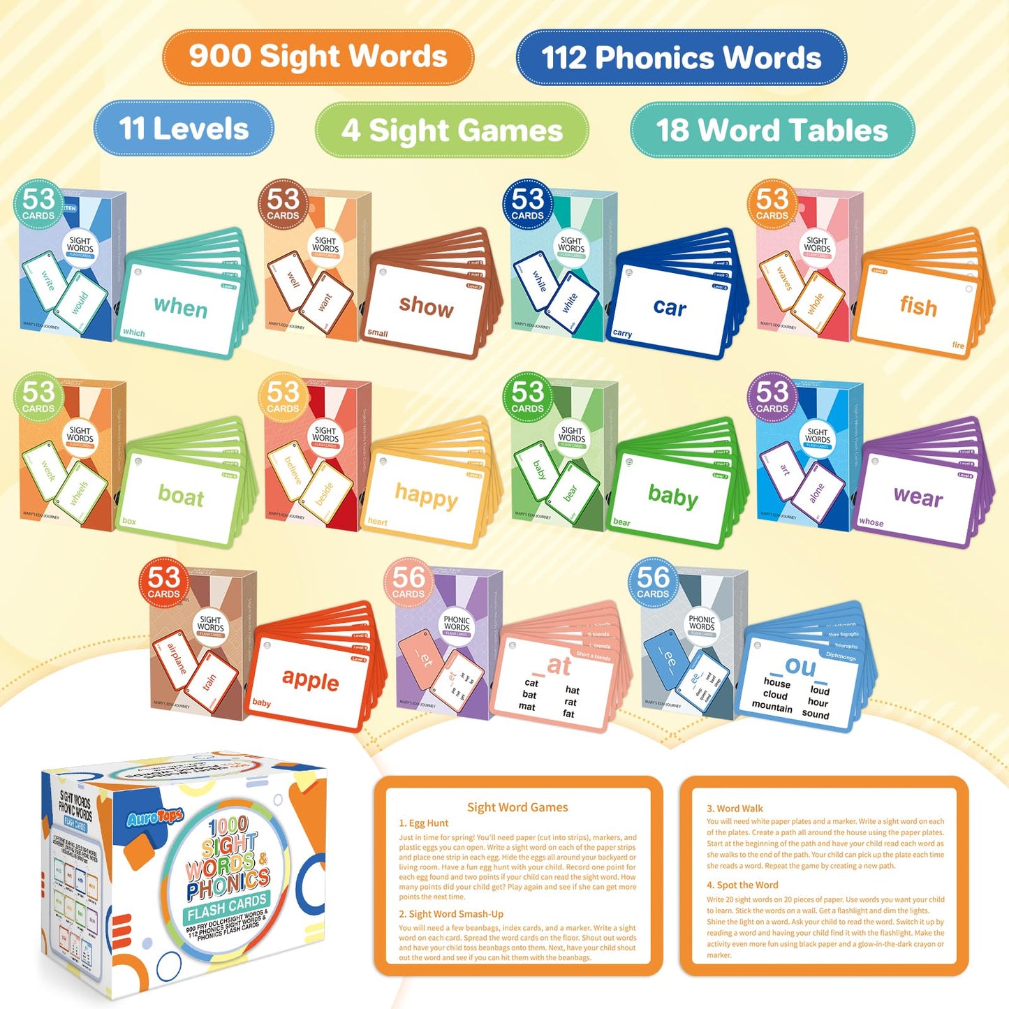 AuroTops 1012 Sight Words & Phonics Flash Cards for PreK–Grade 6