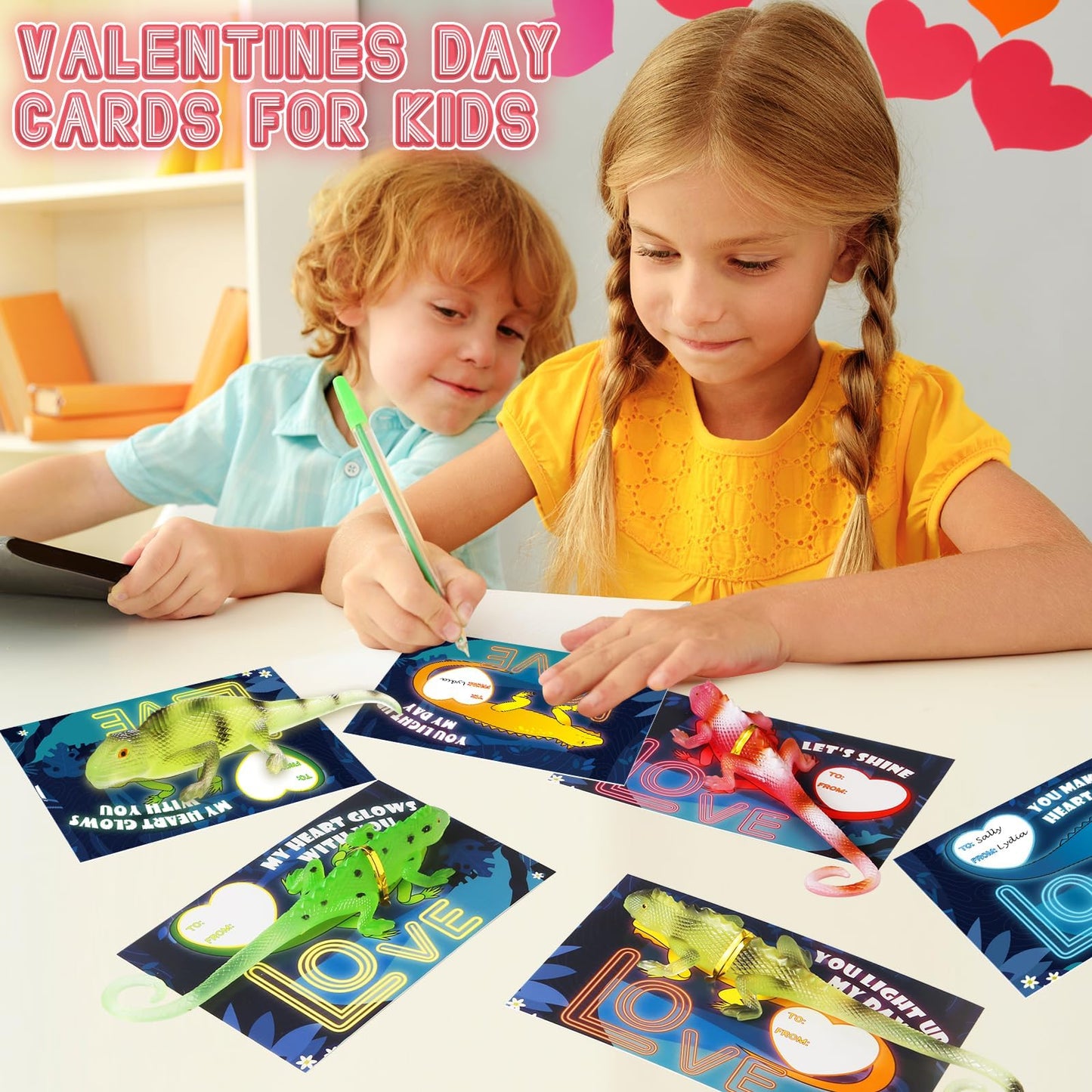 AuroTops Glow-in-the-Dark Lizards Valentines Cards – 24 Pack Kids’ Valentine Gifts & Party Favors