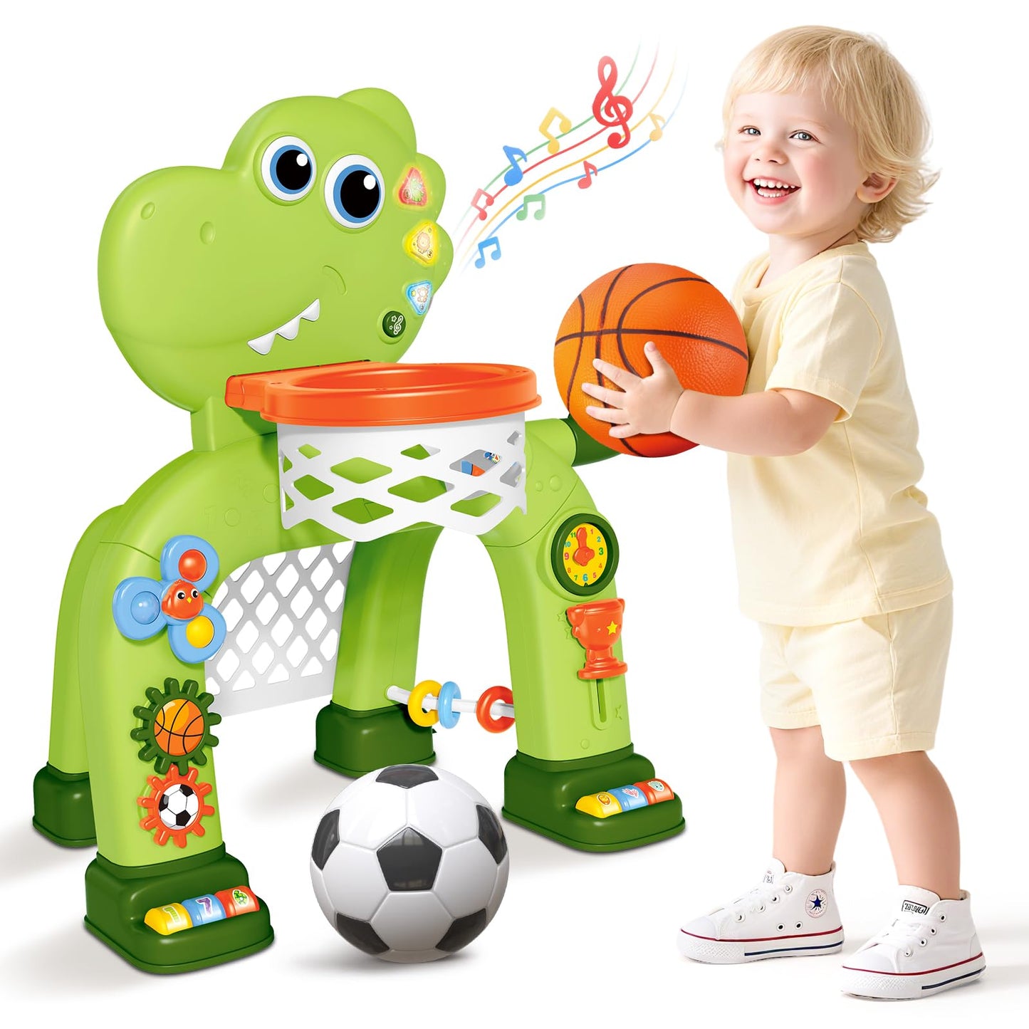 AuroTops Toddler Basketball Hoop & Soccer Goal Toy with Dinosaur Lights & Music (Ages 1-3)